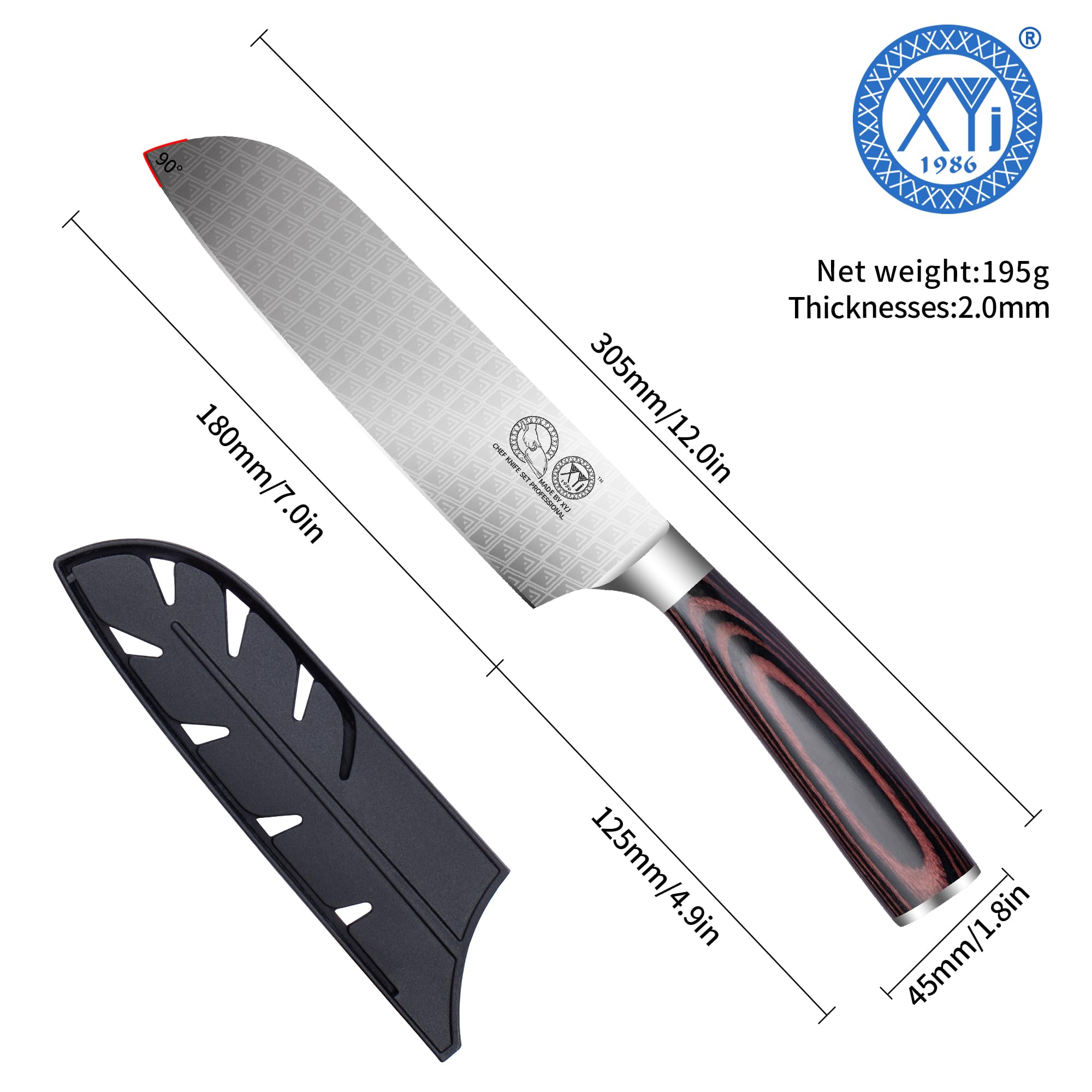 XYJ 7 Inch Japanese Kitchen Knife,Stainlss Steel,Razor Sharp,Santoku Knife With Sleeve,Ergonomic Handle,Meat Cleaver for Meat Cuting,Vegetable Slicing Cooking Chef Knife