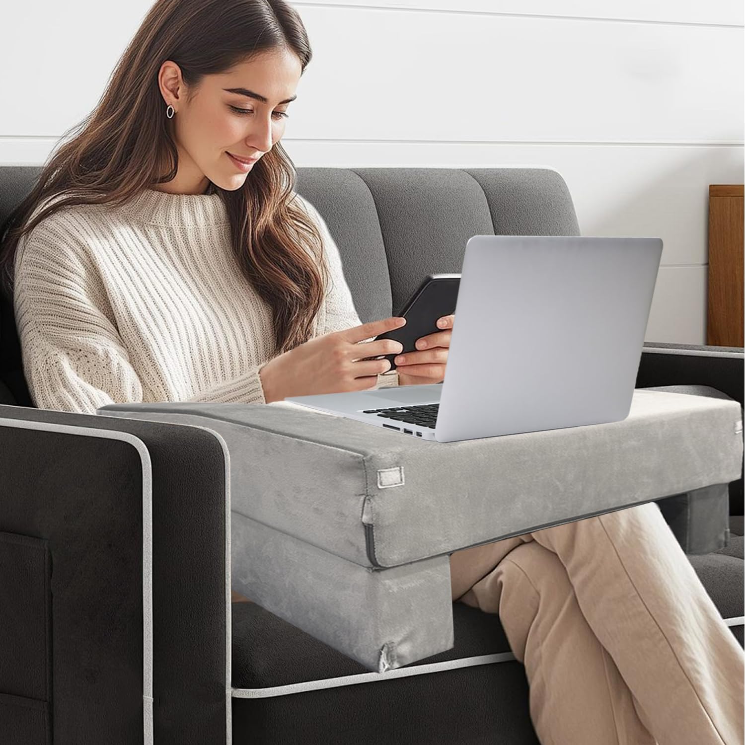 Reading Pillow with Cup Holder & Pocket, Foldable Lap Desk Gaming Pillow for Adults, Ergonomic Arm Rest Support for Reading, Working, Knitting in Bed, Couch, Floor, Machine Washable