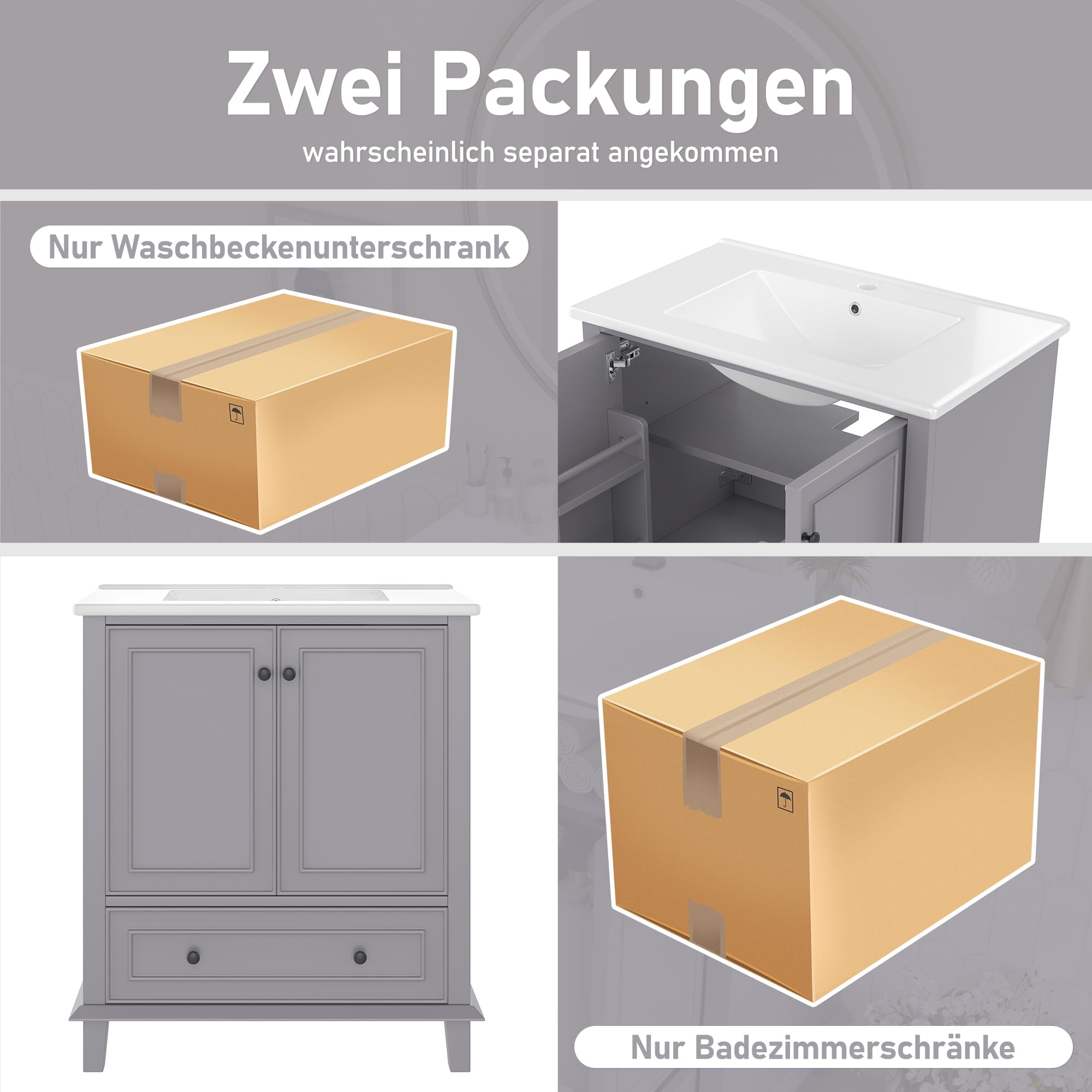 Merax Waschbecken mit Unterschrank, Bodenstehender Badezimmerschrank mit Waschbeck, Waschtisch, Beine aus Massivholz, feuchtigkeits- und wasserdicht, Keramikwaschbecken, Grau, 76x46x87cm