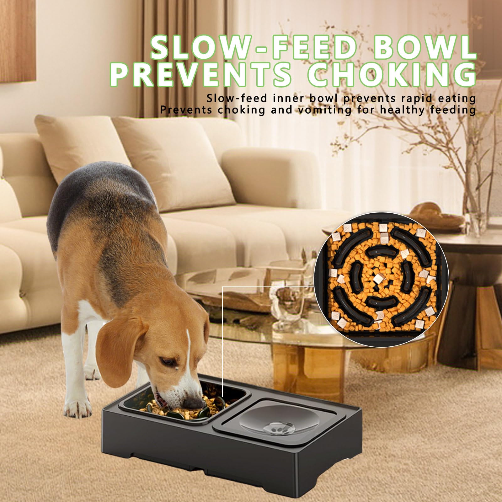 Cuenco Elevado para Perros con 4 Alturas Regulables, 1x1600ml Cuenco de Acero Inoxidable y Recipiente Anti Goteo, con 1x1600ml Recipiente Slow Feed para Perros Pequeños, Medianos y Grandes