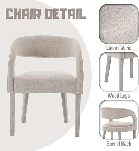 Miniatura 5 de Juego de 2 sillas de comedor de tela de lino beige, sillas de comedor tapizadas modernas con patas de madera, sillas laterales para cocina, comedor,