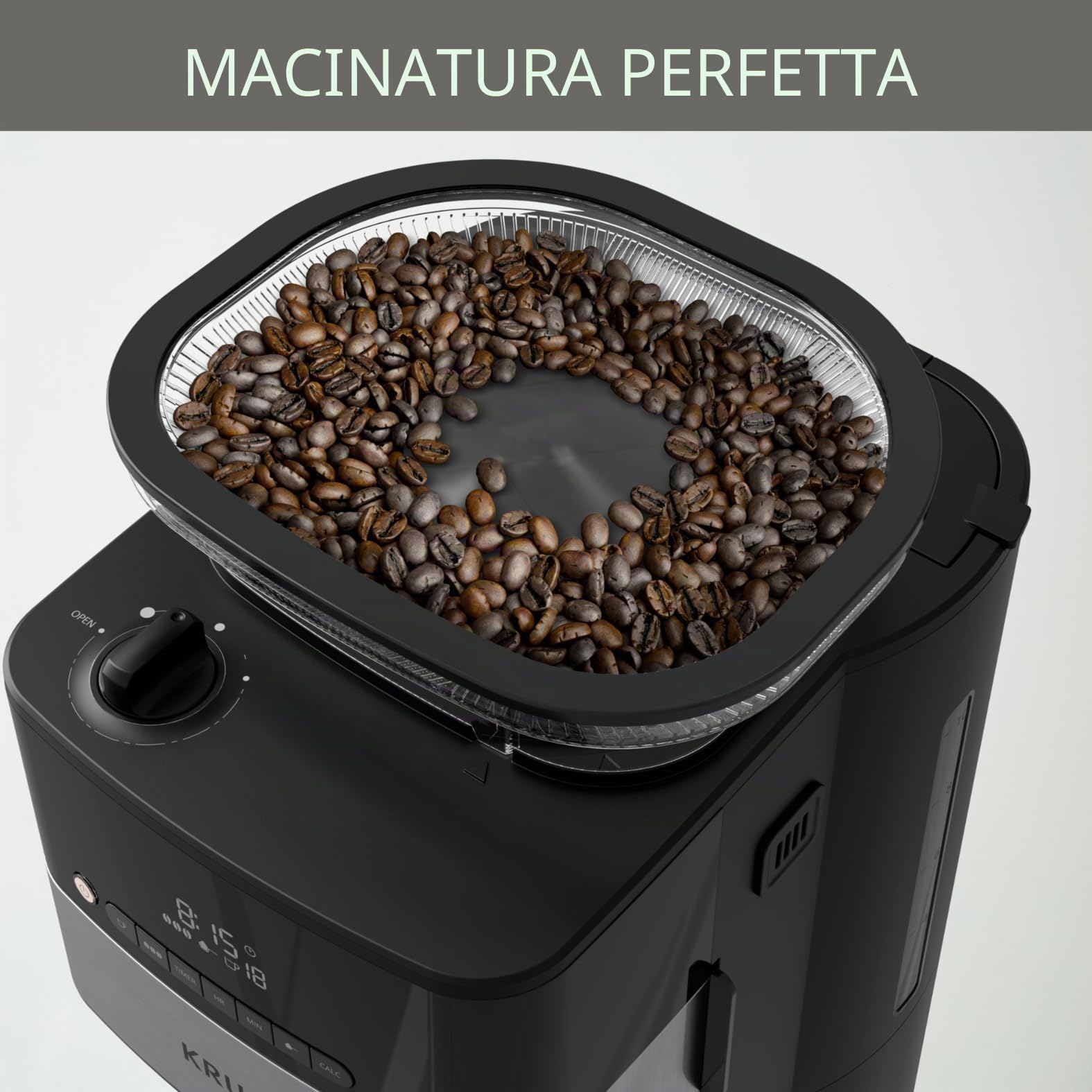 Krups KM8328 - Macchina da caffè con macina | Timer 24 ore | Contenitore per fagioli da 180 g | capacità 1,25 l per fino a 15 tazze di caffè | Funzione Auto-Off | 3 gradi | Nero