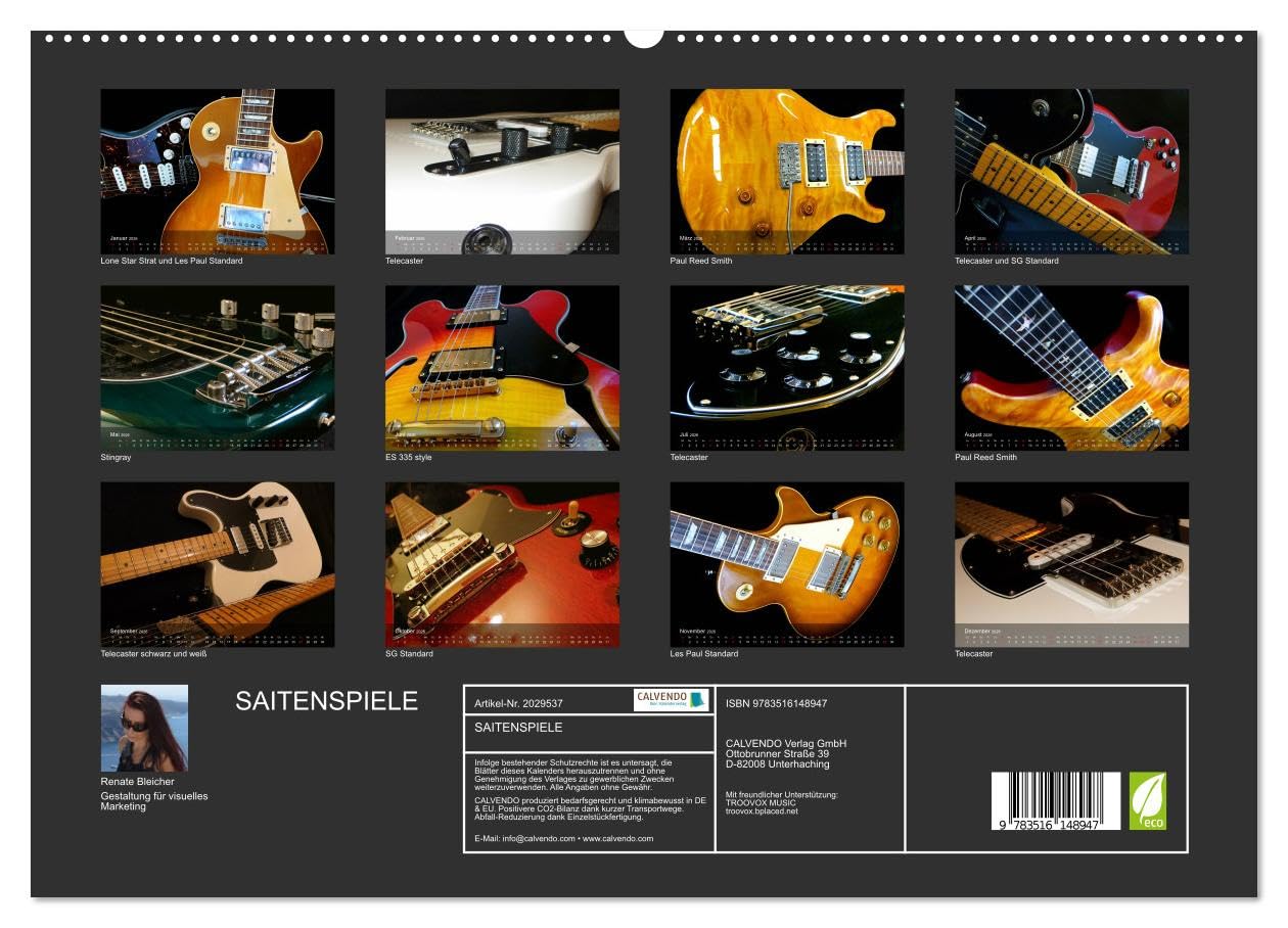 SAITENSPIELE (hochwertiger Premium Wandkalender 2026 DIN A2 quer), Kunstdruck in Hochglanz: Elektrische Gitarren präsentieren sich aus unterschiedlichen Blickwinkeln. (CALVENDO Kunst)