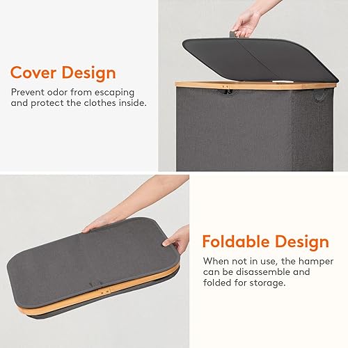 Miniatura 189 de Lifewit Cesta grande de 100 litros con tapa para ropa con asas de bambú y bolsa extraíble, plegable para dormitorio, baño, residencia universitaria