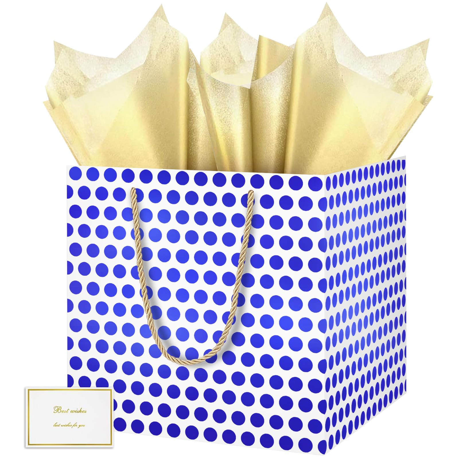 HONTIUS Large Gift Bag, 11.8'' Square Extra Large Gift Bag Bags for Presents, Blue Dots Big Paper Bag, 30cm Wedding Birthday Party Present Bridesmaid Gift Gifts Bag with Tissue Paper Cards 1pcs C
