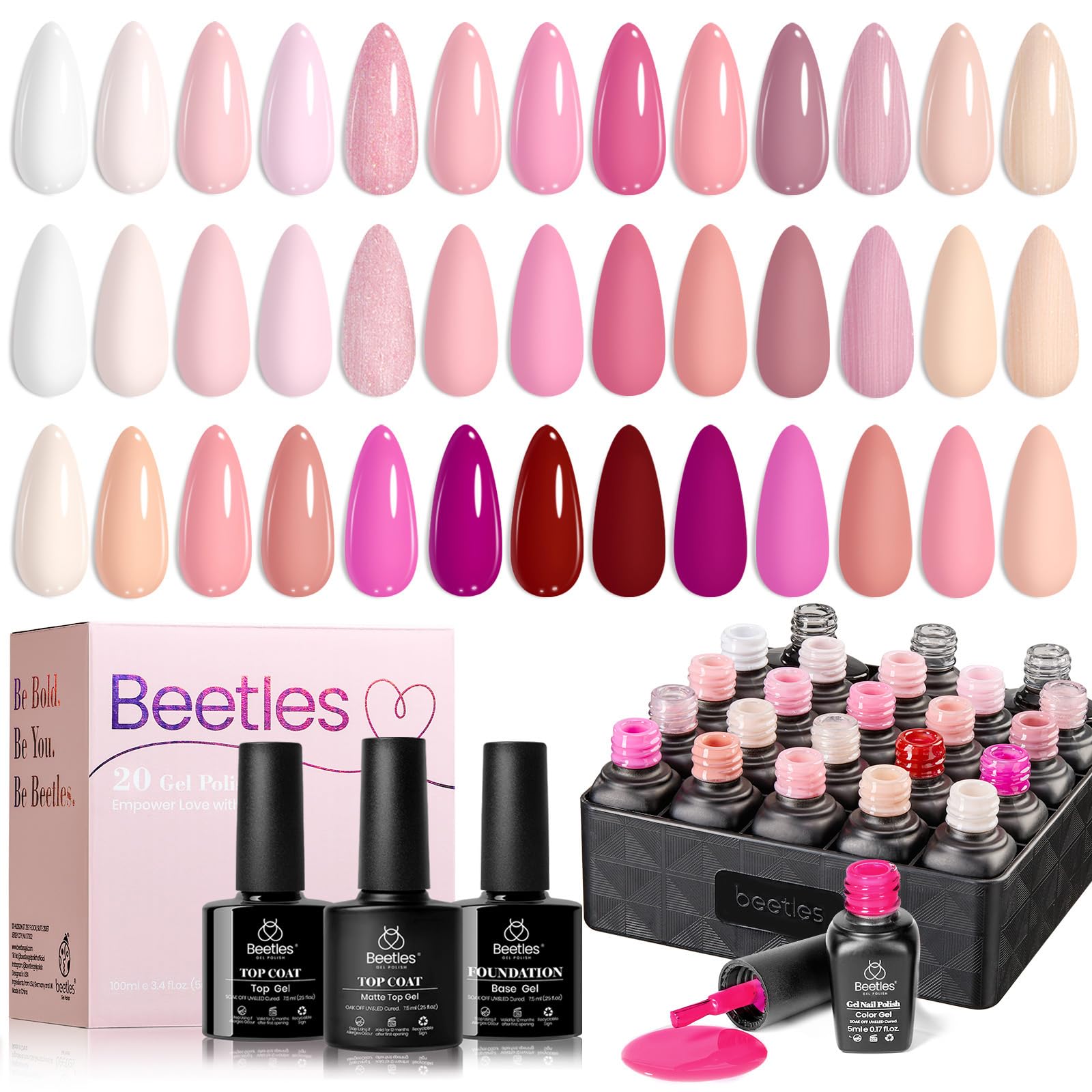 Beetles Gel Nagellack Set 23 Stück 20 Farben Nagelset Kollektion Nude Rosa Weiß Neutral UV Nagellack Set Maniküre mit 3 Stück Matt Glänzend Top Coat und Base für Liebhaber