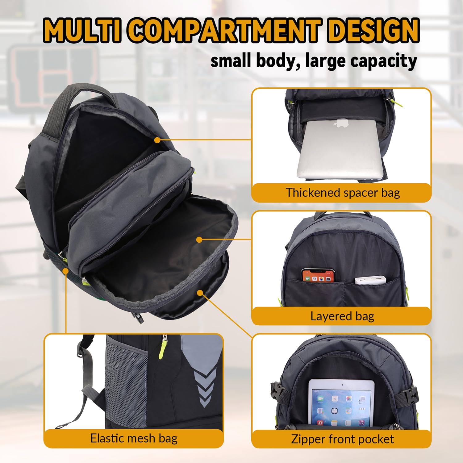 Bseash Sac à Dos de Basket-Ball athlétique léger de 35L, Sac à Dos de Gymnastique Multifonctionnel avec Compartiment pour Ballon au Fond, adapté au Ballon de Volley-Ball, de Football et de Soccer.