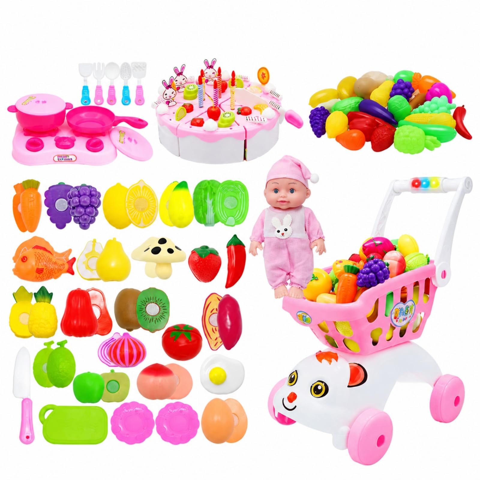 Milageto Carrello Spesa Giocattolo Interattivo Carrello Giocattolo con Prodotti Ortofrutticoli Finte Idea Regalo per Bambini,