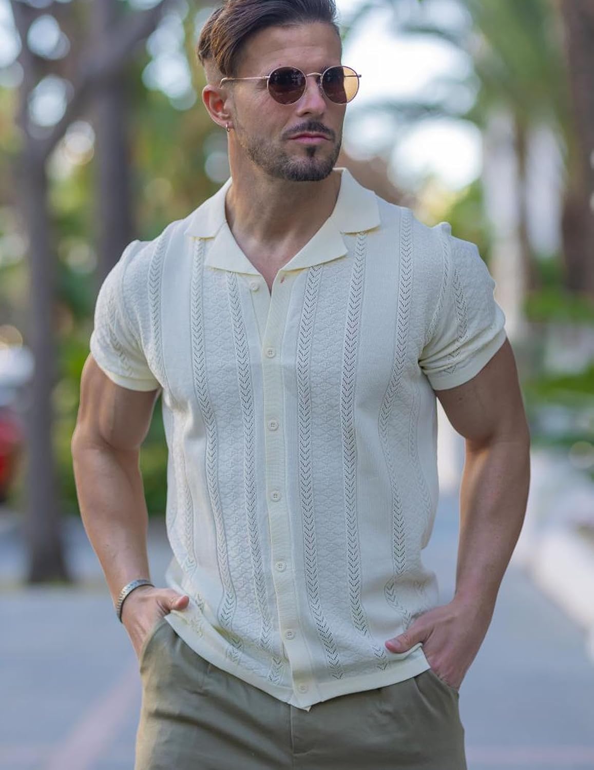 COOFANDY Men's Knit Shirts Vintage Short Sleeve Button Down Shirt Casual Summer Beach Shirt - Image 3