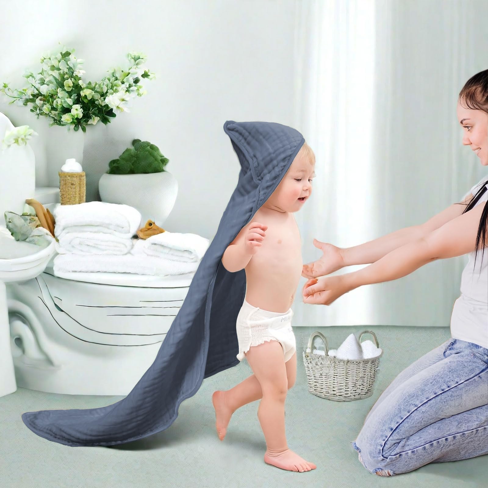 Accappatoio Neonato 0-3 Mesi E 6-12 Mesi Con 6 Asciugamano, Quadrotti Cotone E Mussole Cotone, Ideale Regalo Per Femmina E Maschio, 70x70 CM (Blu & Verde & Bianco)