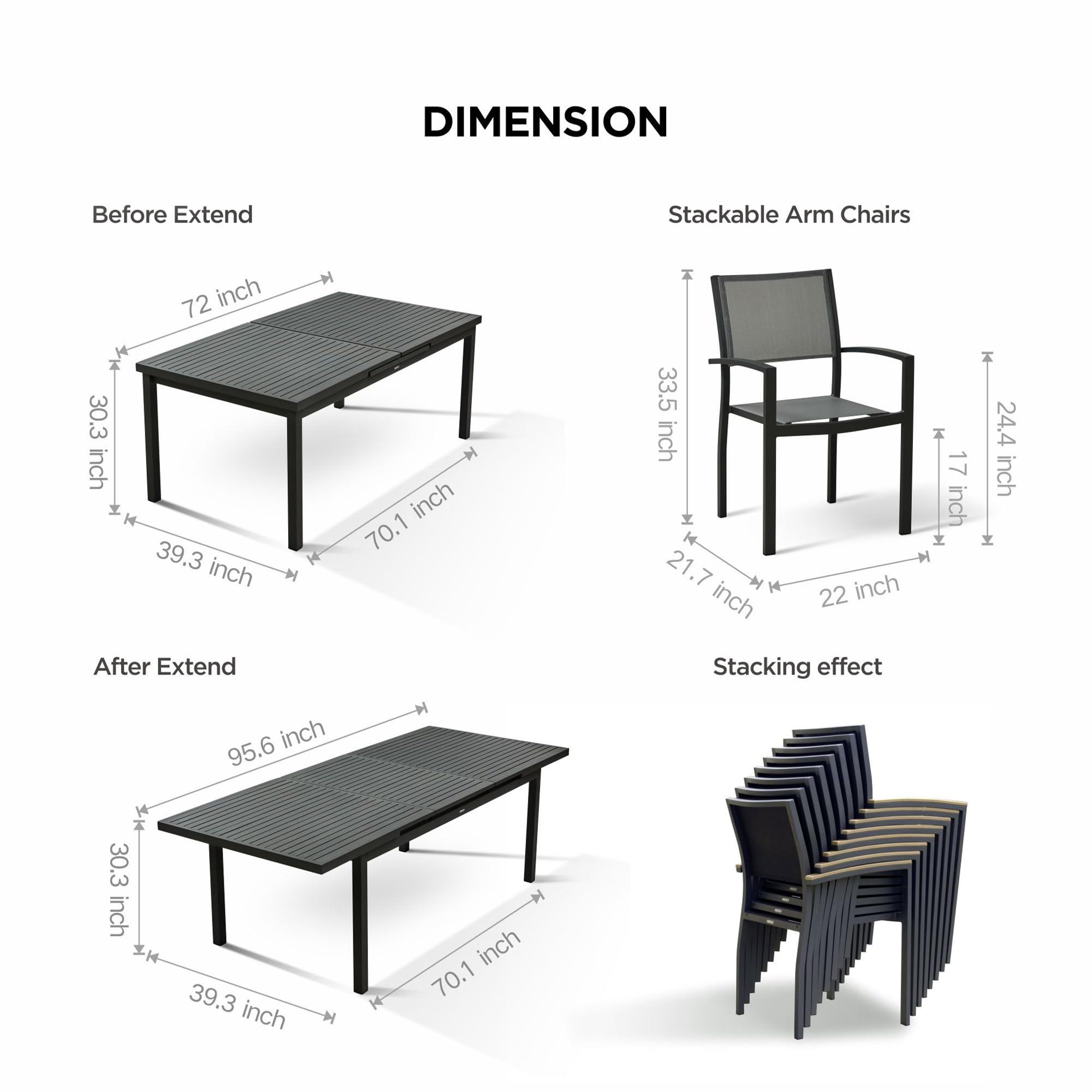 HIGOLD Heck 9-stühliges Gartenmöbel Set mit ausziehbarem Tisch – Vollaluminium Terrassenmöbel, 8 stapelbare wetterfeste Textilene-Gewebe für Garten und Veranda | Kohleschwarz