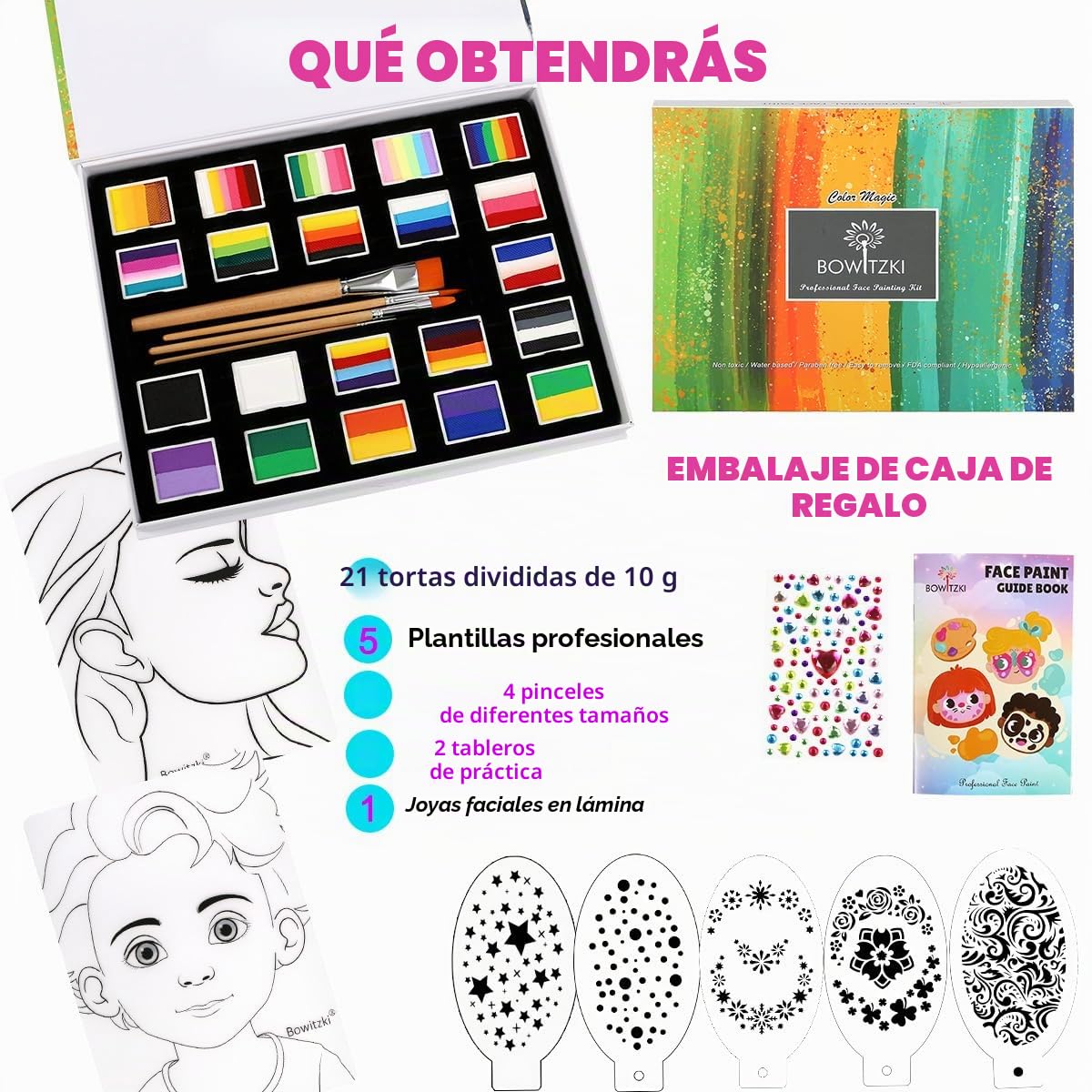 Bowitzki 21 Color Split Cake Face Paint Set Professional Face Painting Kit Kids Adults 10g One Stroke Stencil Brush Practice Board Guide Book No Toxic Rainbow Body Makeup Halloween Christmas Easter