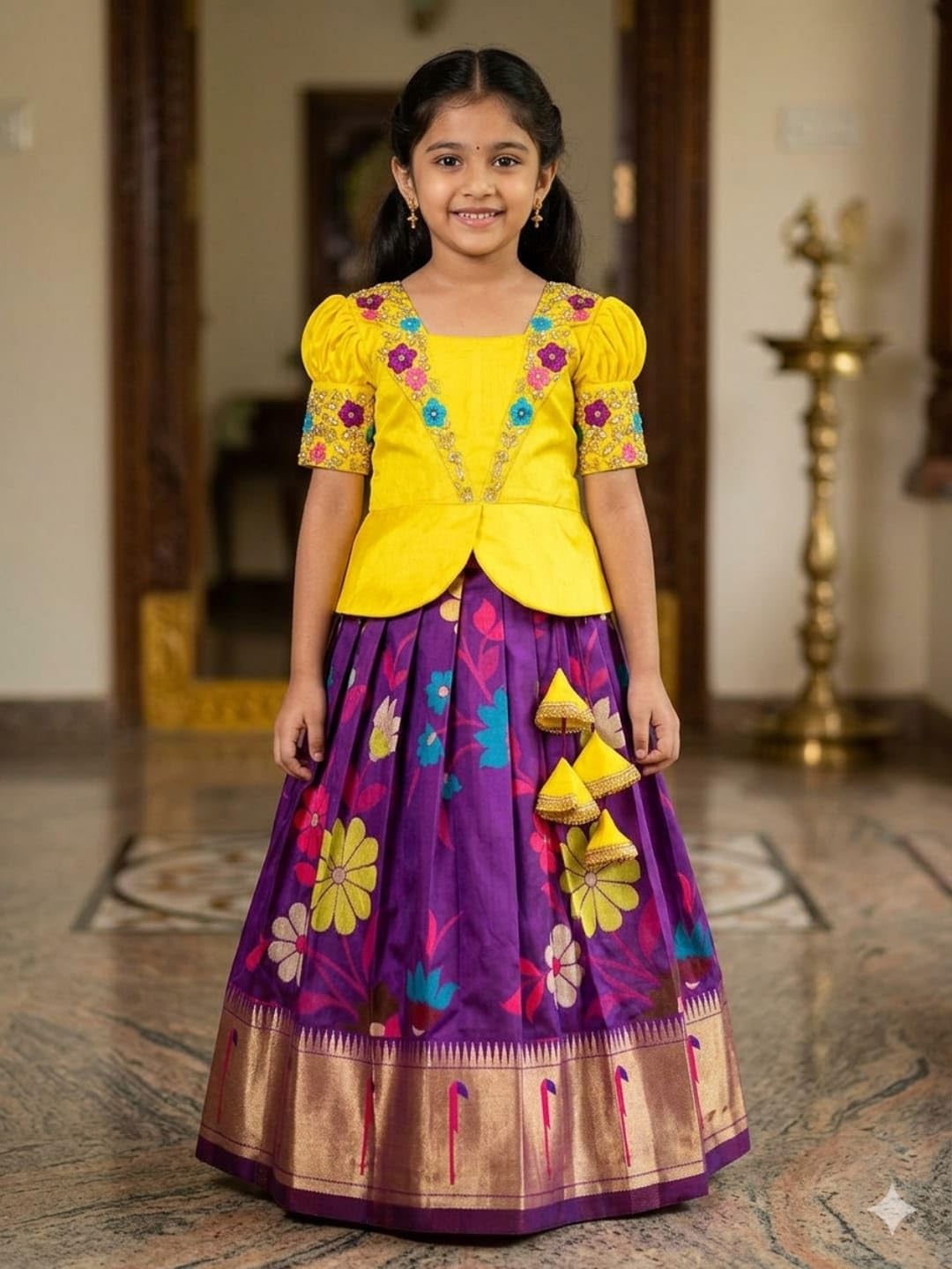 White Button Satin New South Indian Traditional Collar Digital Pattu Pavadai Readymade Lehenga Choli For Girl's Dress
