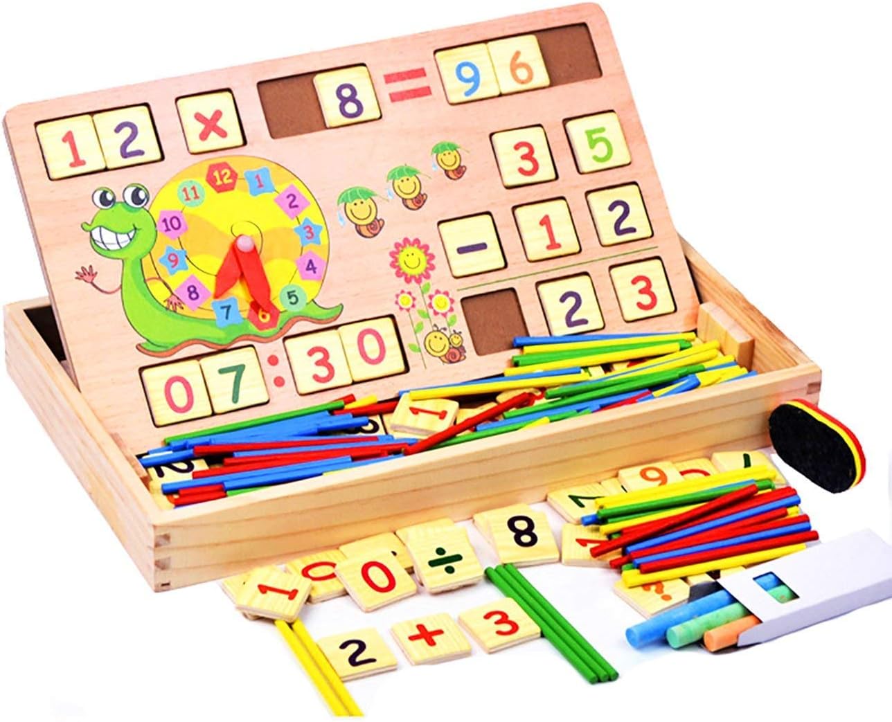 SHANBUYERS - Xplore the Unxplored Multi-Functional Learning Box for 24-48 Months, Wooden Teaching Clock, Chalks, Math Puzzles, Wooden Numbers, Counting Sticks, Blackboard, Eraser Multi Color