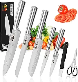 Conjunto de 7 Facas Profissionais em Aço Inoxidável 3CR13, Durável Antiferrugem e Anticorrosão, Garantia de 10 Anos,Ultra Afiadas e Precisão Suíça, V-Sharp 15° Lâminas Inteiriças Conjunto de Cozinha
