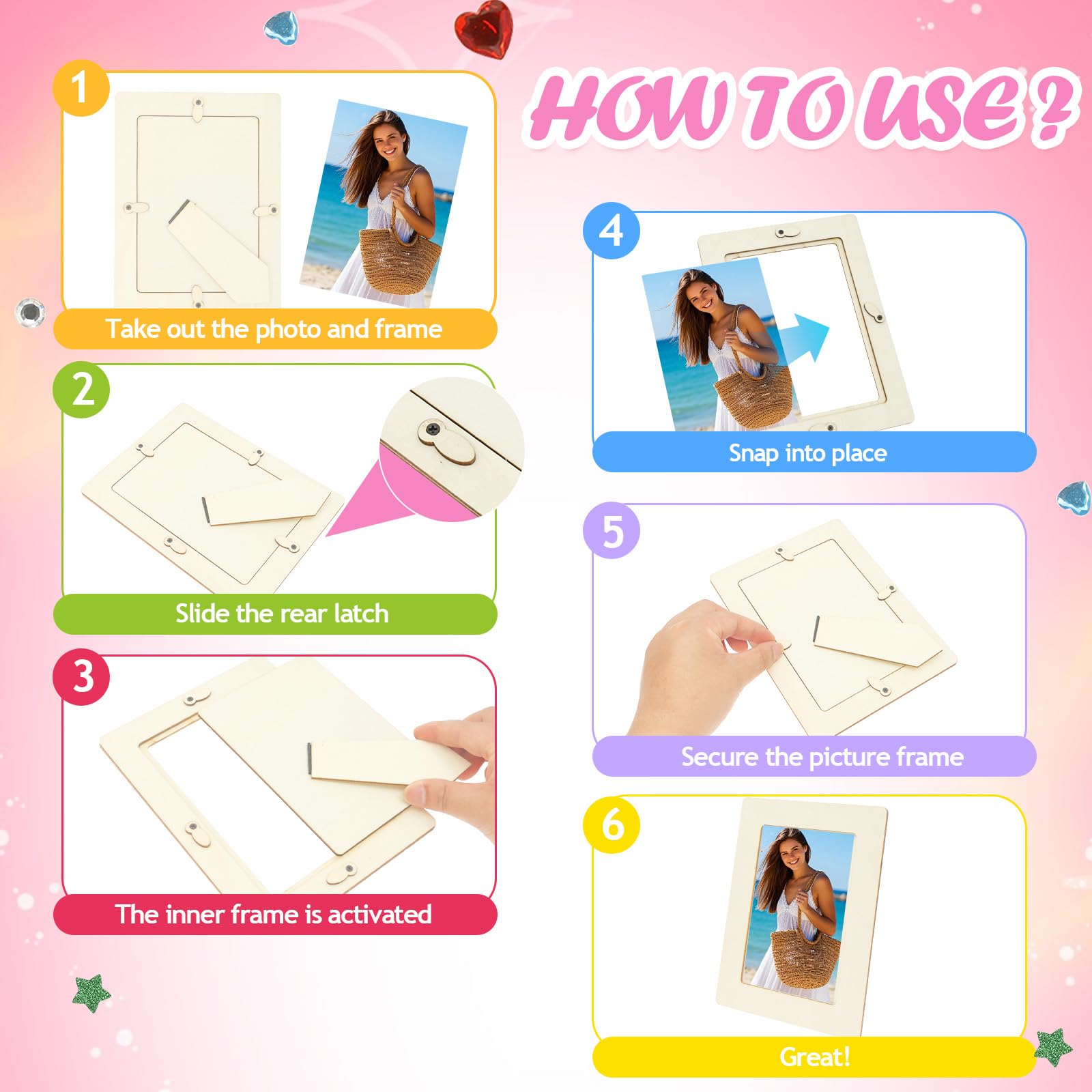 24 Stück Holzbilderrahmen zum Bemalen Set | DIY Fotorahmen Holz Unbehandelt mit Glitzersteinen Sticker und Stiften Kindergeburtstag Bastelset Stehend Hängend