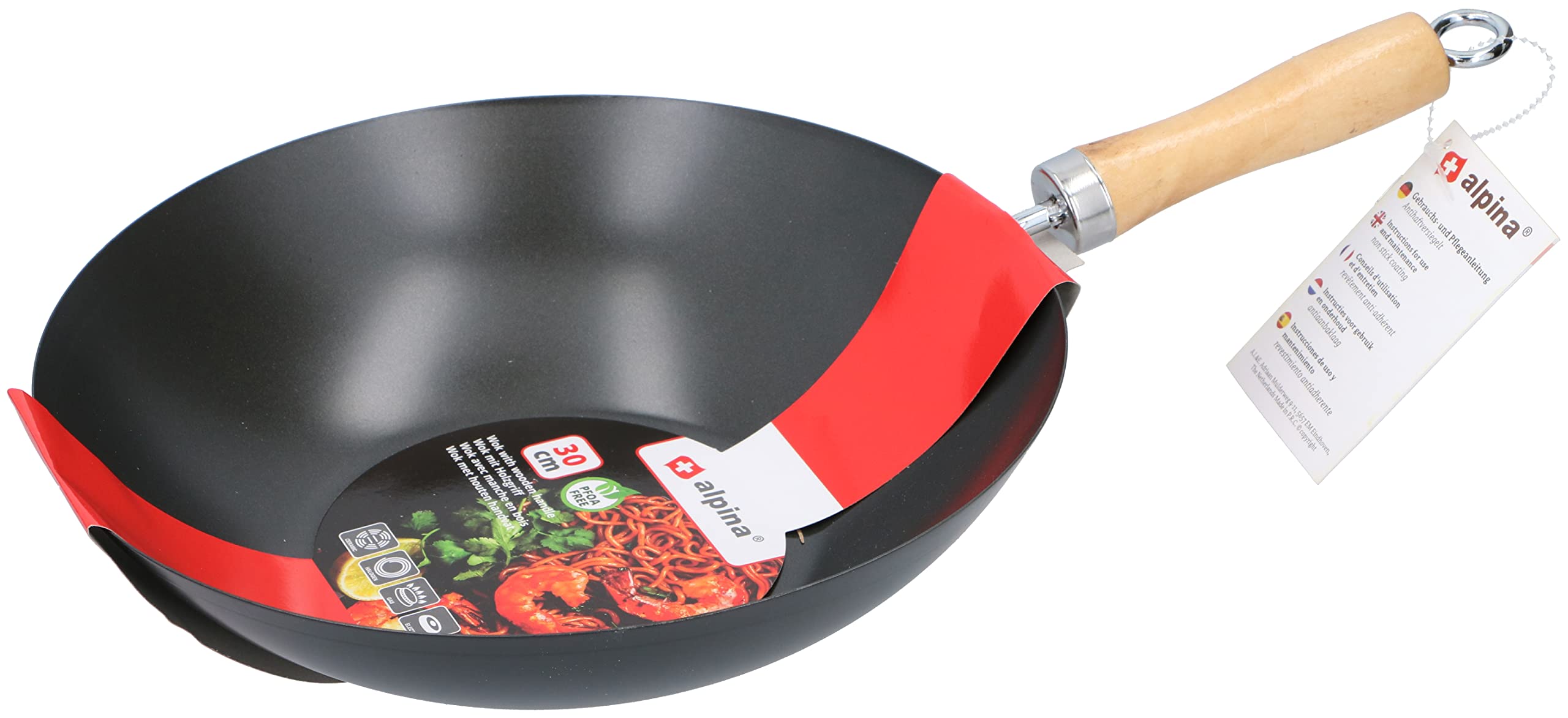 alpina Padella wok Ø 30 cm – con rivestimento antiaderente – Padella in acciaio inox con manico in legno – non adatta per induzione – nero