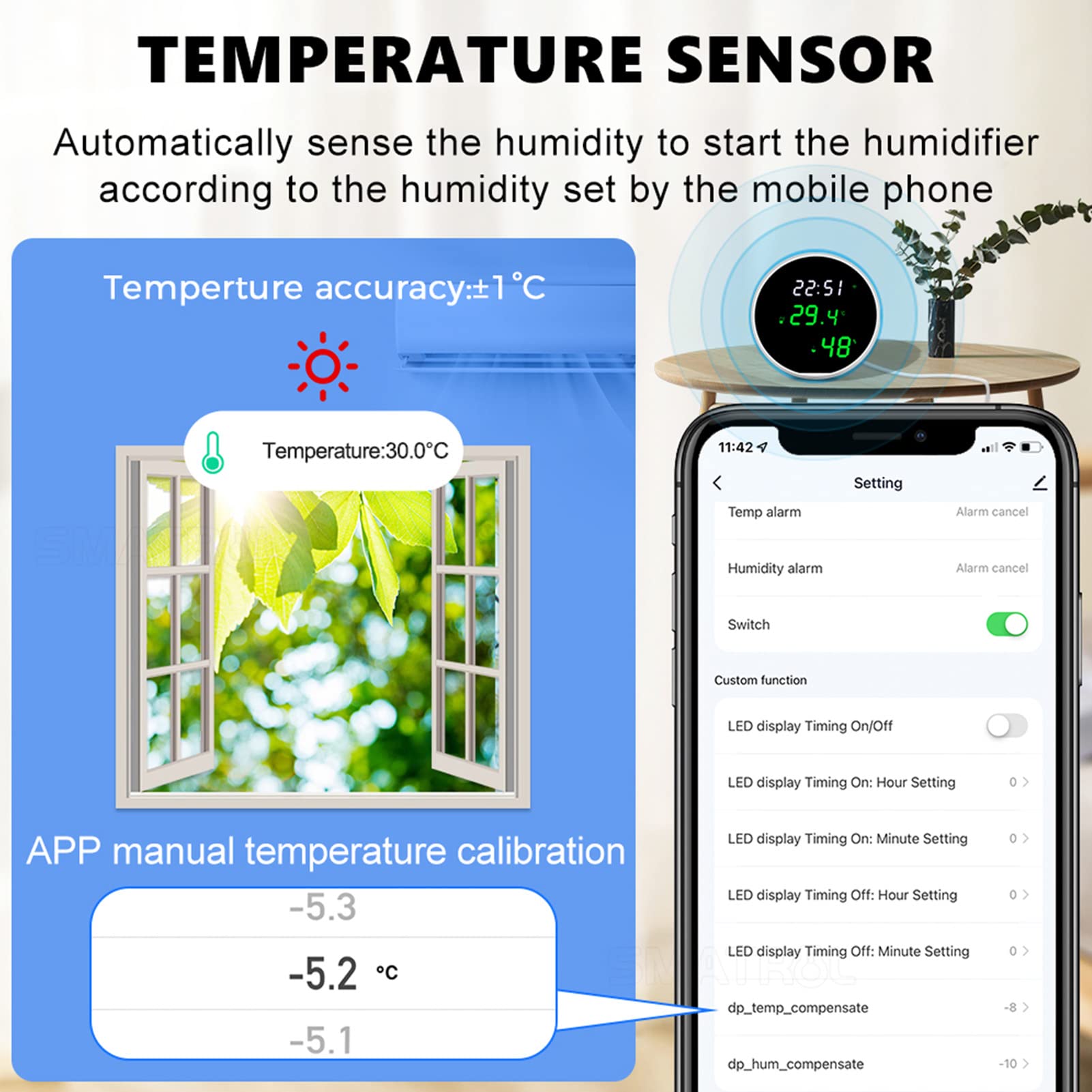 Monitor di Umidità Della Temperatura Smart Wifi, Sensore di Umidità Della Temperatura Wireless con Avvisi di Notifica APP, Funzione di Controllo Vocale Rilevamento Automatico per L'Ufficio Delle Case