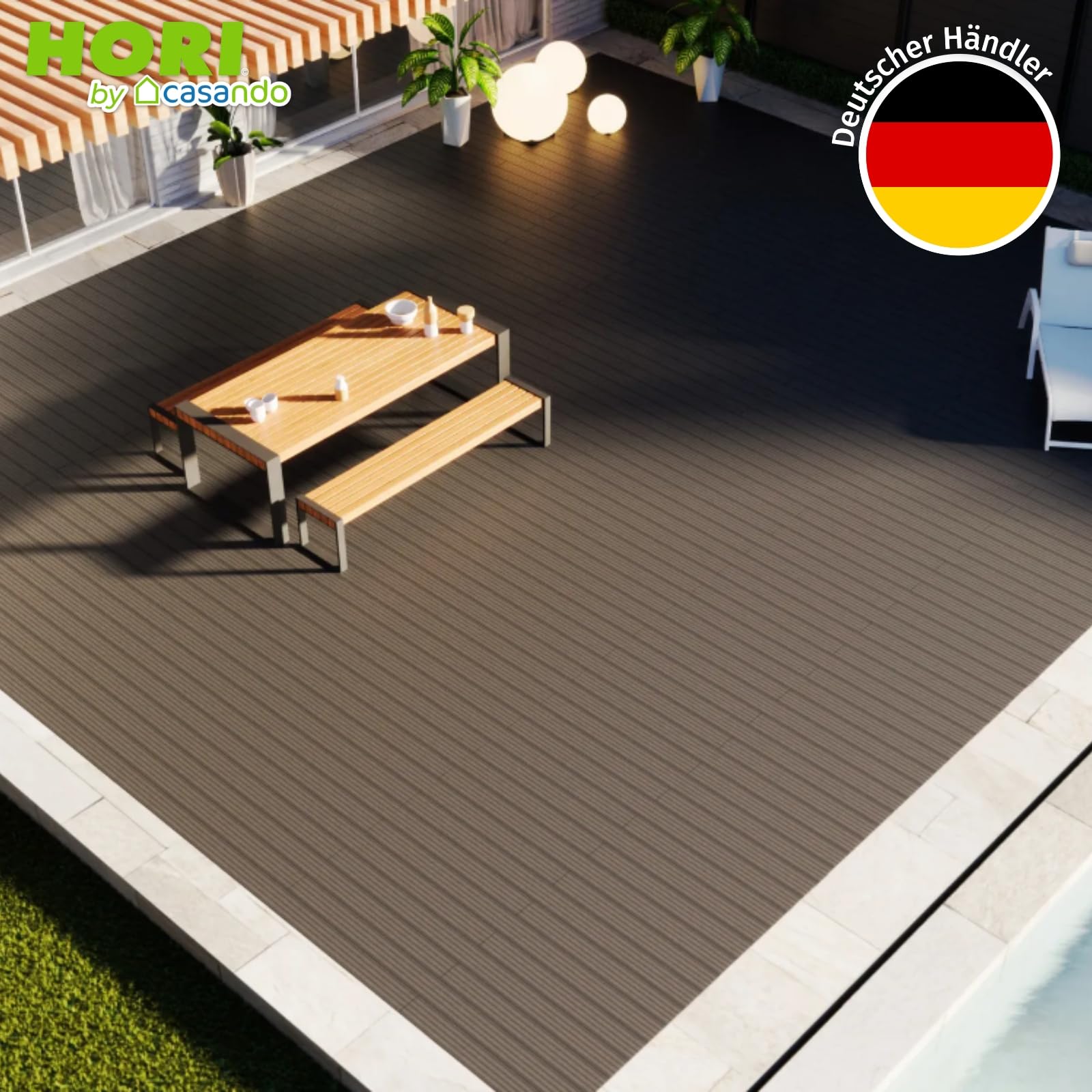 HORI WPC Terrassendielen Komplettset Antigua verschiedene Farben - Hohlkammerprofil, beidseitig nutzbar, inkl. Unterkonstruktion & Clips Fläche: 5 m² - 220 cm Dielenlänge - Braun
