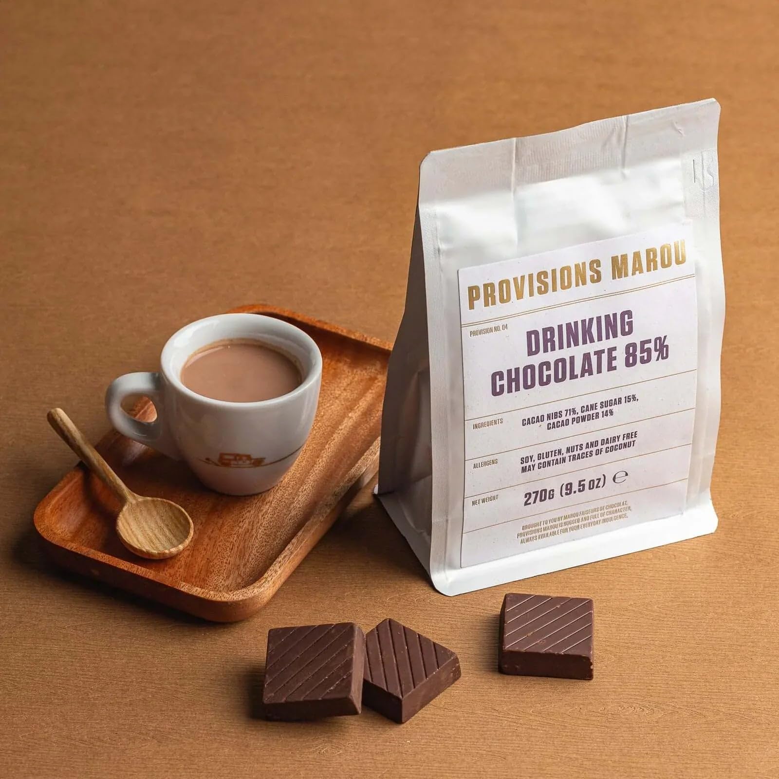 MAROU – Chocolate negro 85% Trozos para beber – 270 g – 3 ingredientes, sin gluten ni conservantes ni aditivos – Origen Vietnam (Caja de 8)
