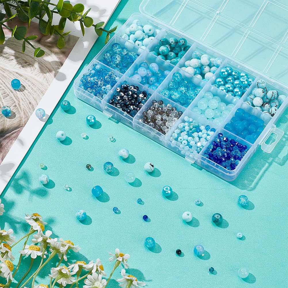 HOBBIESAY 770pcs 6 Styles Blue Glass Beads for Jewelry Making - Sea Glass, Crackle, Round Beads for Bracelet Earring, Necklace Supplies - Image 4