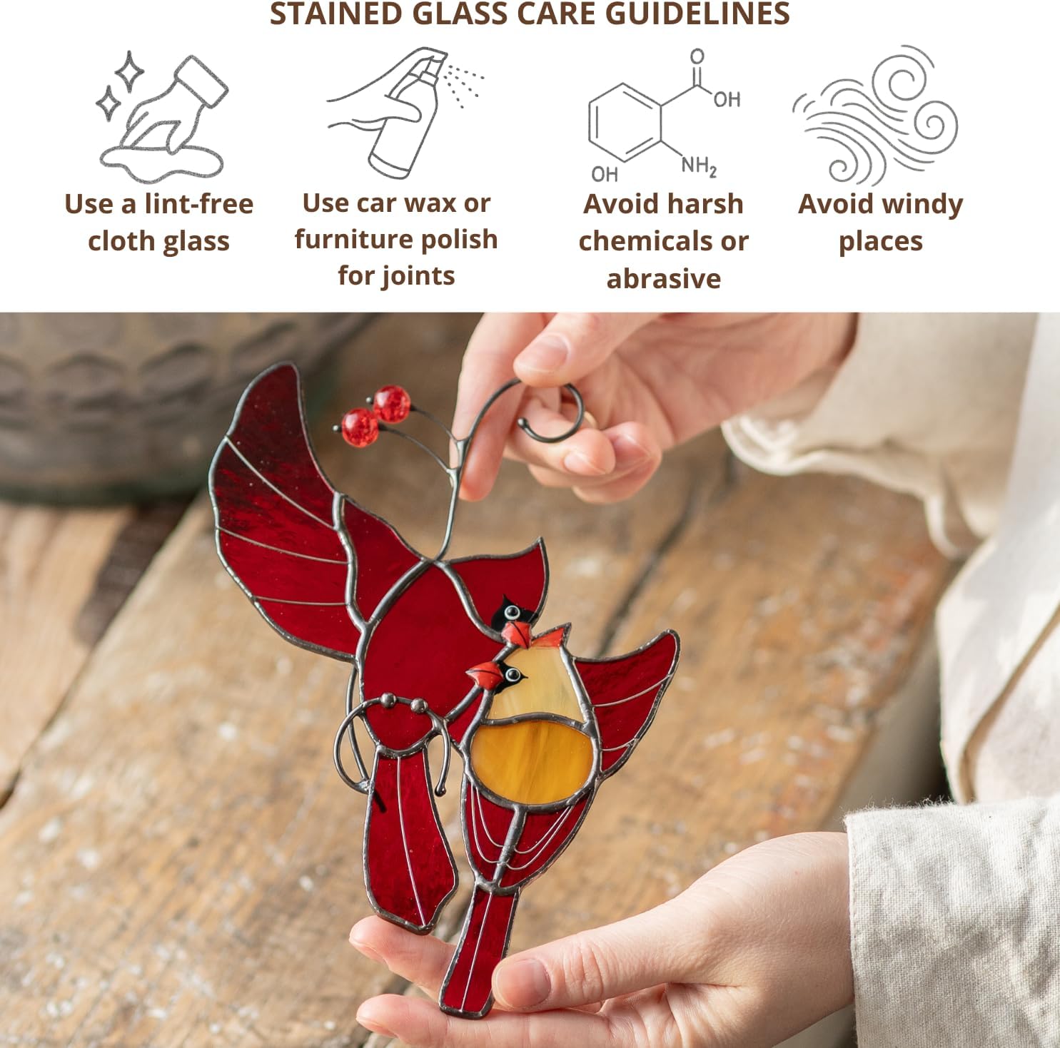 Cardinals Birds Stained Glass Suncatcher Genuine Stained Glass Window Hangings Unique Indoor Ornament & Outdoor Decor (Hugging Cardinals)