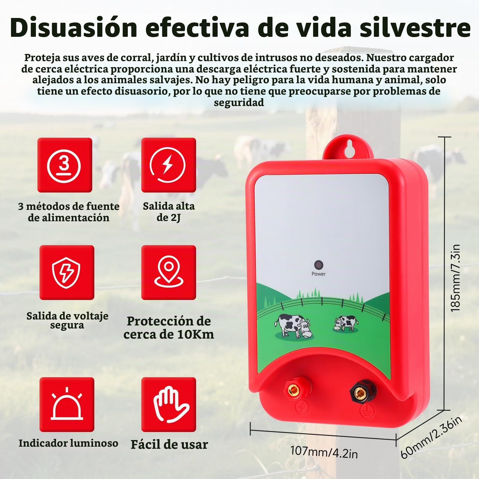 10KM Pastor Electrico, 1.5J Cerca Eléctrica Controlador Impermeable Electrificador Kit de Valla Pulso de Alto Voltaje Seguro Cercado Dispositivo Prevención Fauna Salvaje Herramienta Caballo Vacas