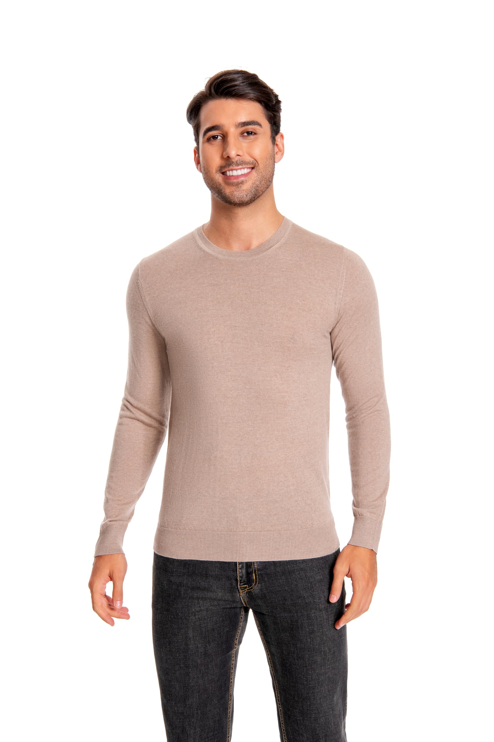 WOSICA Men's 100% Extrafine Merino Wool Long Sleeve Crew Neck Jumper (Brown S)