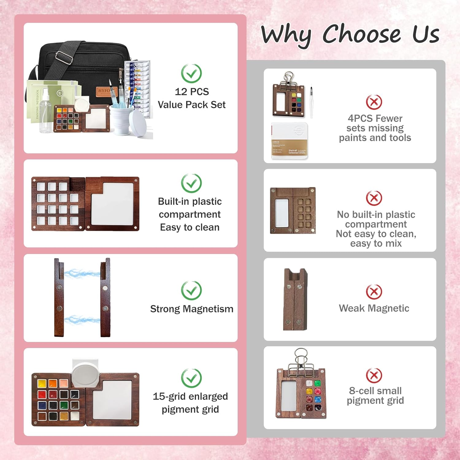 Mini Portable Watercolor Palette,Travel Paint set,15 Grids Portable Wooden Paint Palett with Bag,Paint, Brush, Cleaner Cup,2 Sketchbooks & Magnetic Clip,Watercolor for Painters,Artists - Image 4