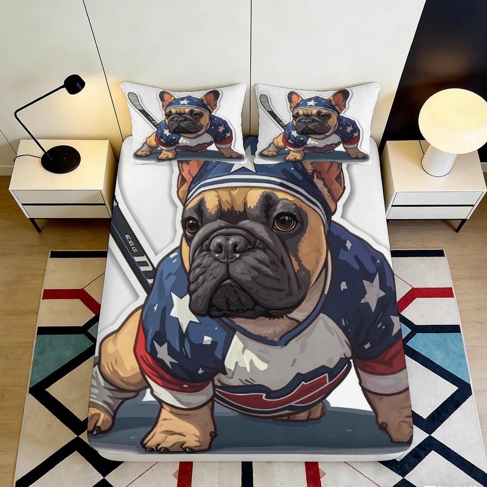 3D Printed Bulldog Cartoon Fitted Sheet Microfiber Soft Breathable French Dog Bed Cover for Bedroom Dorm Decor 90x200x25cm