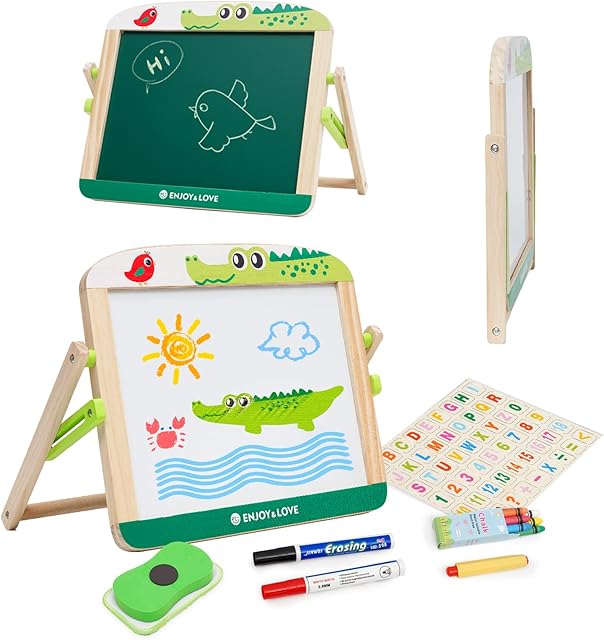 Wooden Kids Easel Foldable Mini Easel Desktop Drawing Board Double-Sided Whiteboard & Chalkboard Wooden Tabletop Art Easel with Letters and Numbers Board for Boys Girls 3 4 5 6 7 8 Years(Crocodile)