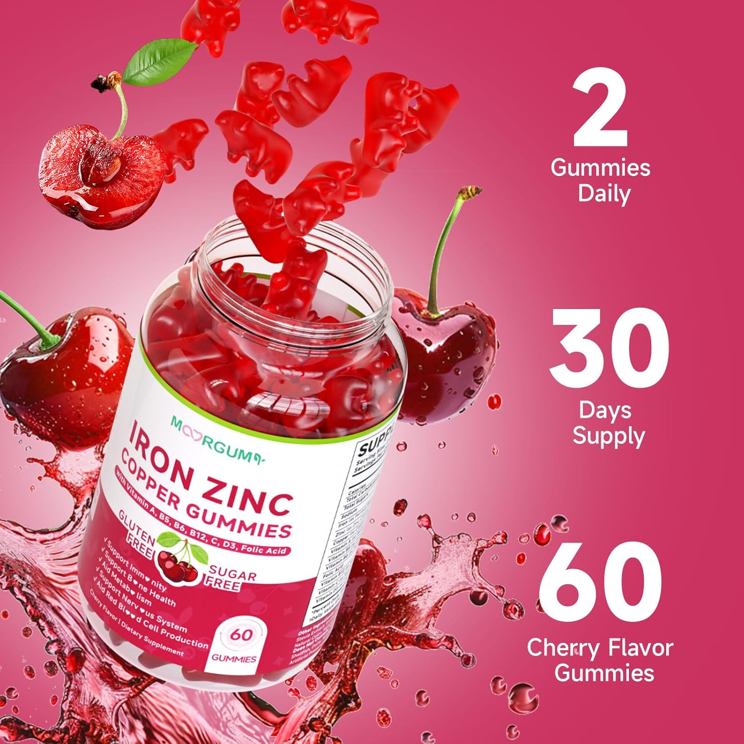 Iron, Zinc, Copper Supplements for Women & Men, Mineral Gummies with Vitamin A, B5, B6, C, D3, B12 for Adults & Kids, Boost Energy, Support Immunity & Bone Health, Sugar Free, Cherry Flavor, 120 Count - Image 7