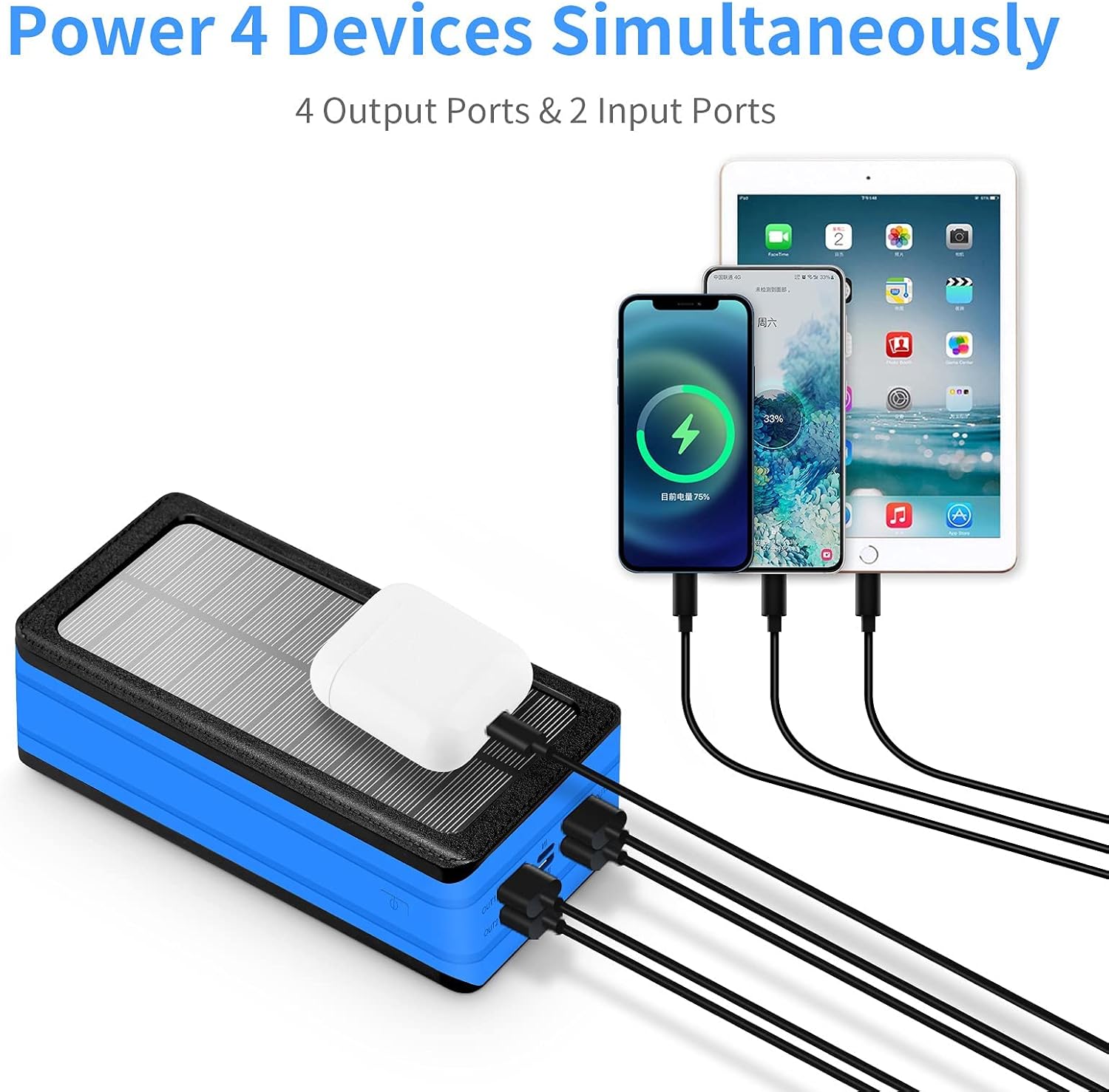 Solar Power Bank, 50000mAh Portable Solar Charger Battery Pack, 4 USB Output Ports,2 Input Ports, Flashlight, Fast Charging, Cell Phone, iPhone, Android, and Tablet, Waterproof, Camping : Cell Phones & Accessories