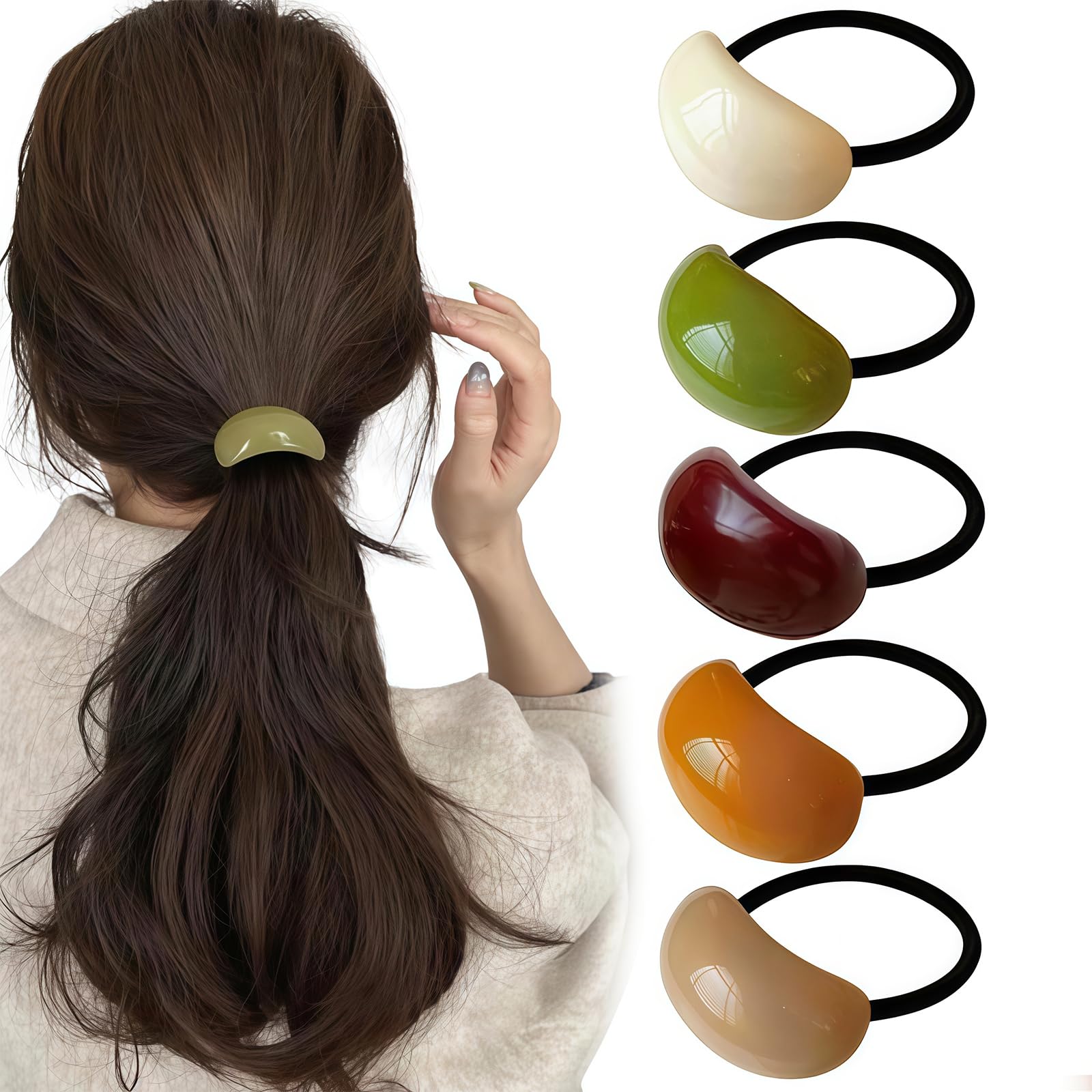 5 Pack Decorative Hair Ties Acrylic Semi-Arc Ponytail Holders Elastics Hair Bands Ropes Ponytail Hair Accessories for Girl Women