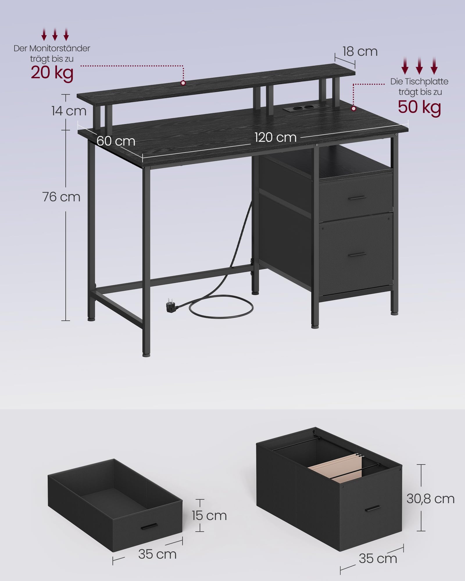 VASAGLE Gaming-Schreibtisch, mit Schubladen aus Stoff, Computertisch mit Bildschirmhalterung, Mehrfachsteckdose, 2 USB-Anschlüsse, für Heimbüro, 120 x 60 cm, Schwarz Holz LWD093B01V1