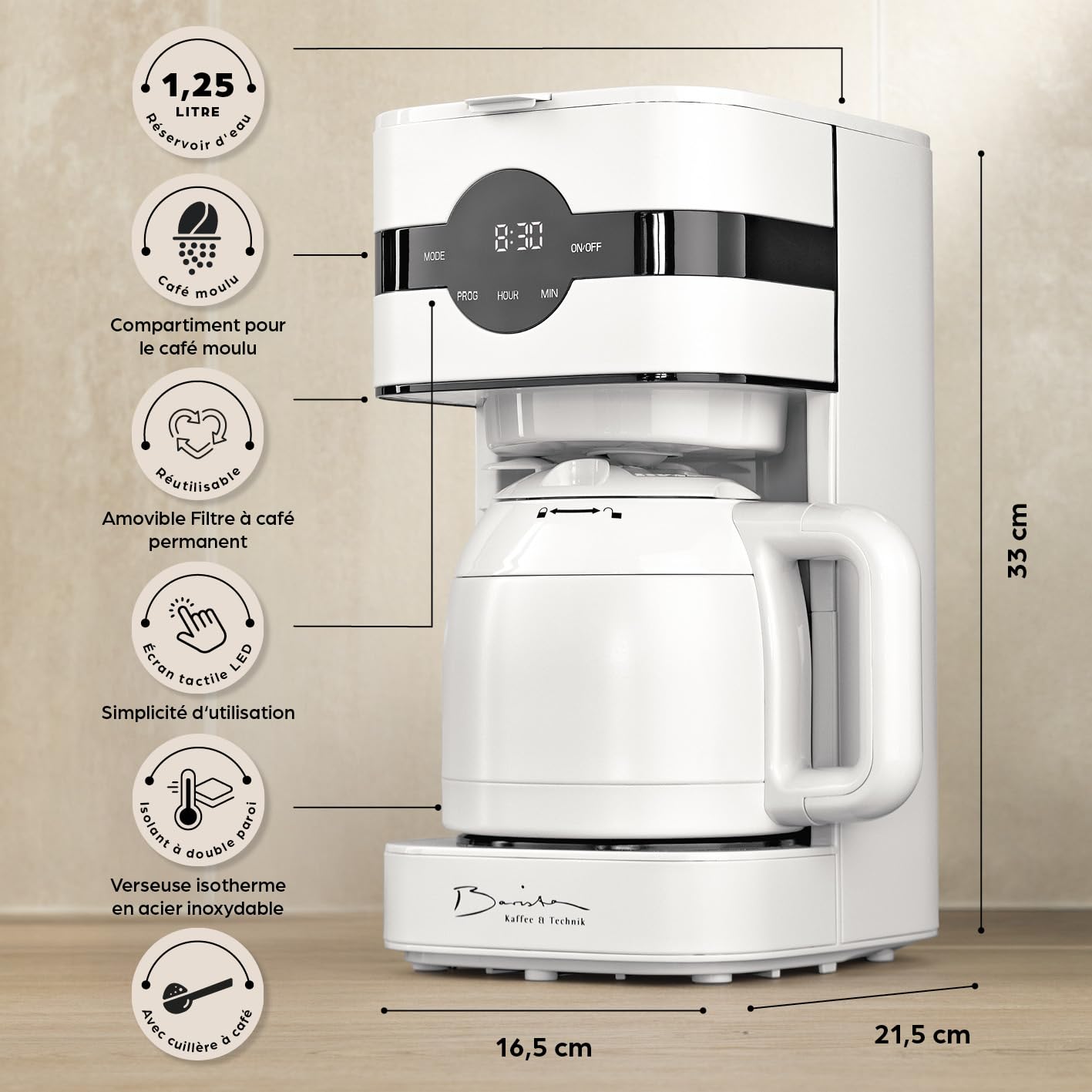 Barista Machine à café filtre avec verseuse isolante | Machine à café filtre avec écran tactile & fonction minuterie | Avec filtre permanent & 900W | Réservoir d'eau de 1,25 litre pour 8 tasses