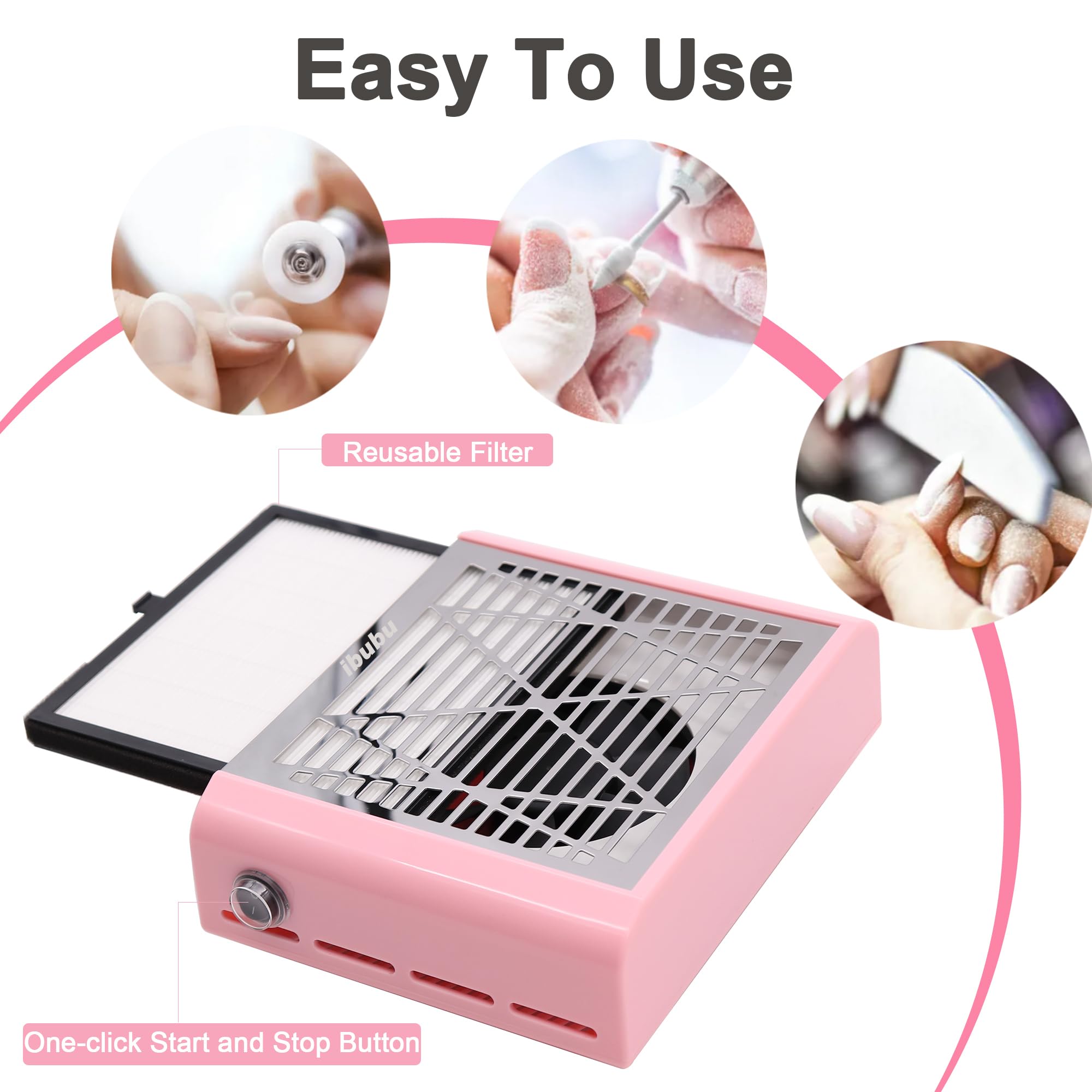ibubu Máquina colectora de polvo profesional para uñas, ventilador eléctrico de uñas, colector de polvo de succión fuerte, aspiradora de polvo de uñas con 1 filtro reutilizable, extractor de polvo