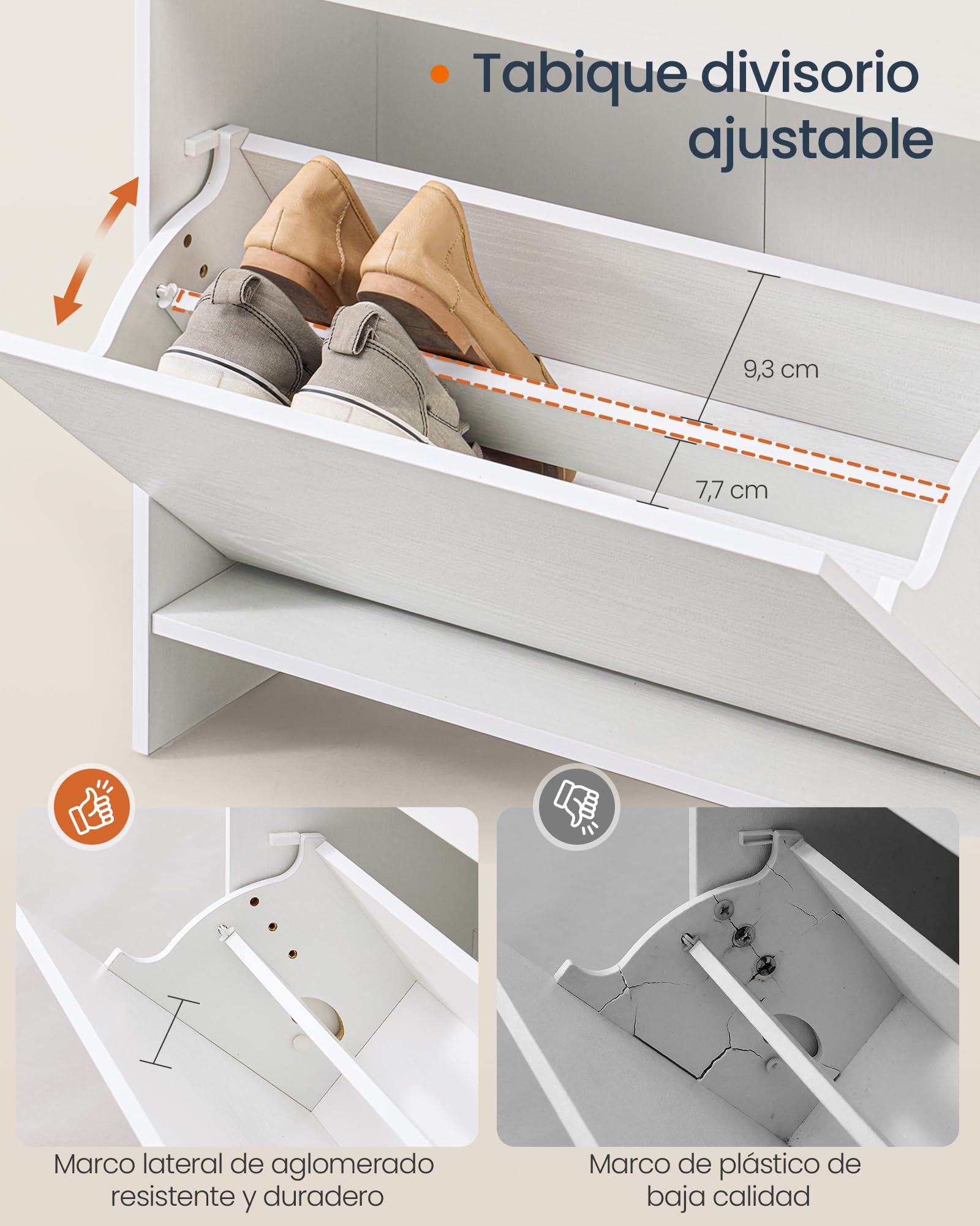 SONGMICS Home Zapatero con 2 Puertas Abatibles, Montaje Súper Rápido Sin Herramientas Toolless, Mueble Zapatero Estrecho, Separadores Ajustables, Moderno, Blanco Nieve LBC228WE01
