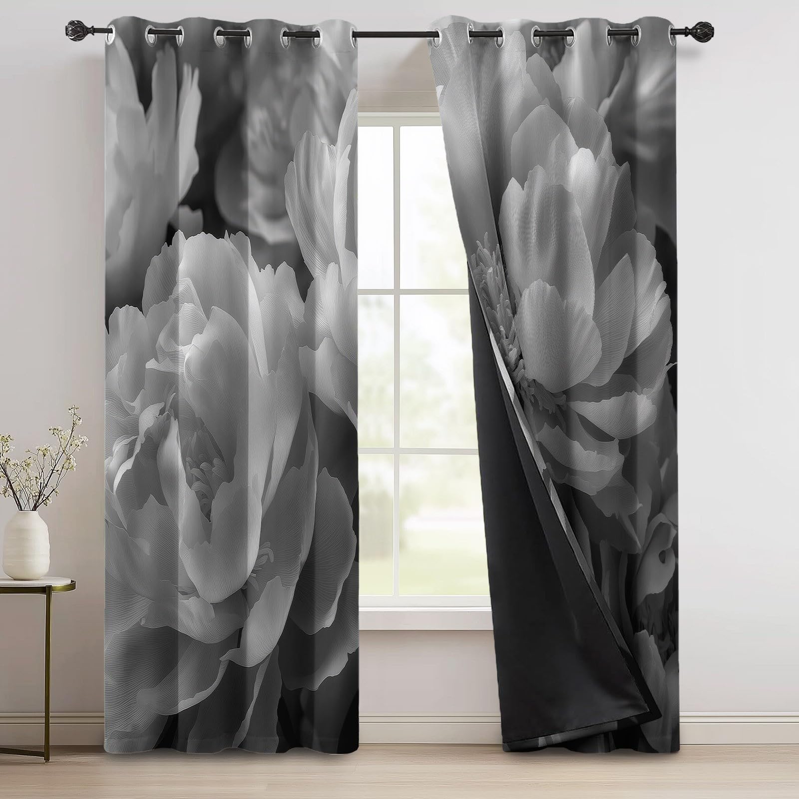 Blütenblätter Verdunklungsvorhänge 2er Set - Vorhang Blickdicht mit Ösen, Thermovorhang Vorhänge Wohnzimmer H214 x B91.5 cm (2er Pack), Grau Lärmschutzvorhang-Gardinen