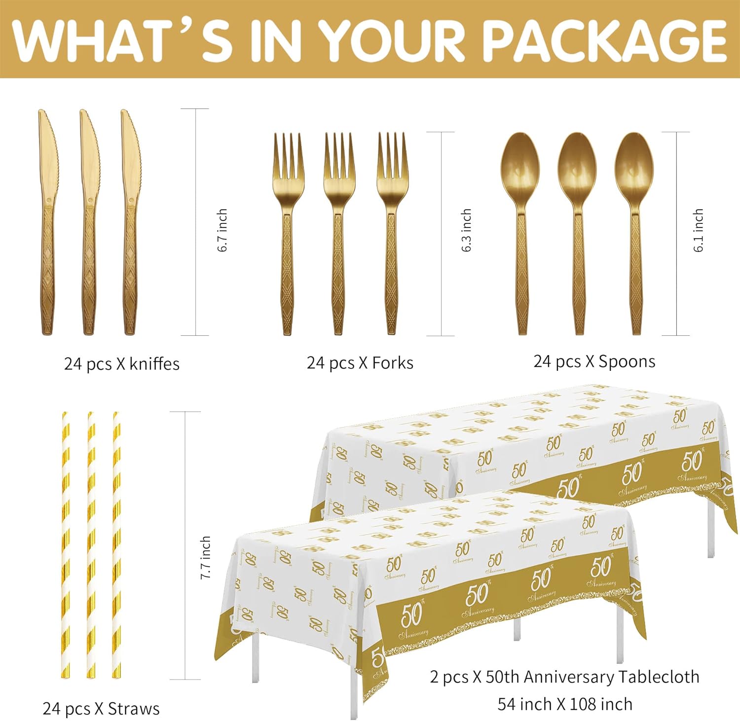 APOWBLS 50th Anniversary Decorations And Supplies Tableware - Golden 50 Year Wedding Anniversary Decorations, Party Plate, Cup, Napkin, Tablecloth, Cutlery, Paper Straw | Serve 24
