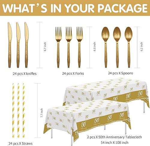 Miniatura 3 de APOWBLS Decoraciones y suministros para el 50 aniversario – Decoración dorada de aniversario de boda de 50 años, plato de fiesta, taza, servilleta,