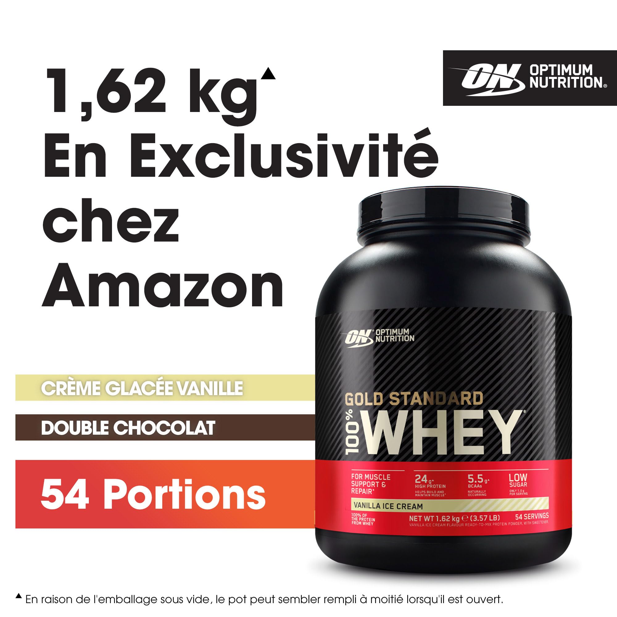 Optimum Nutrition Gold Standard 100% Whey, Protéine en Poudre, Goût Glace à la Vanille, 1.62kg, 54 Doses