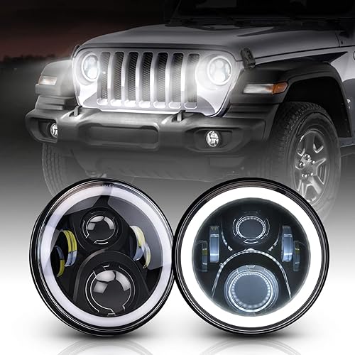 AUXLIGHT 7 Inch LED Halo Headlights High/Low Beam with Amber Trun Signal White DRL Compatible with 2007-2017 Jeepp Wrangler JK JKU Headlamp Replacement, Pack of 2