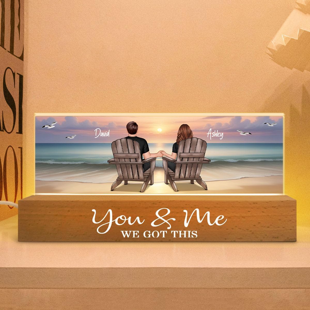 Eternal Sunset Beach Couple Personalized Acrylic Block Led Night Light, Anniversary Gift For Him, Gift For Her, For Husband, For Wife Christmas Valentine's Day Home Decor Gift For Boyfriend Girlfriend