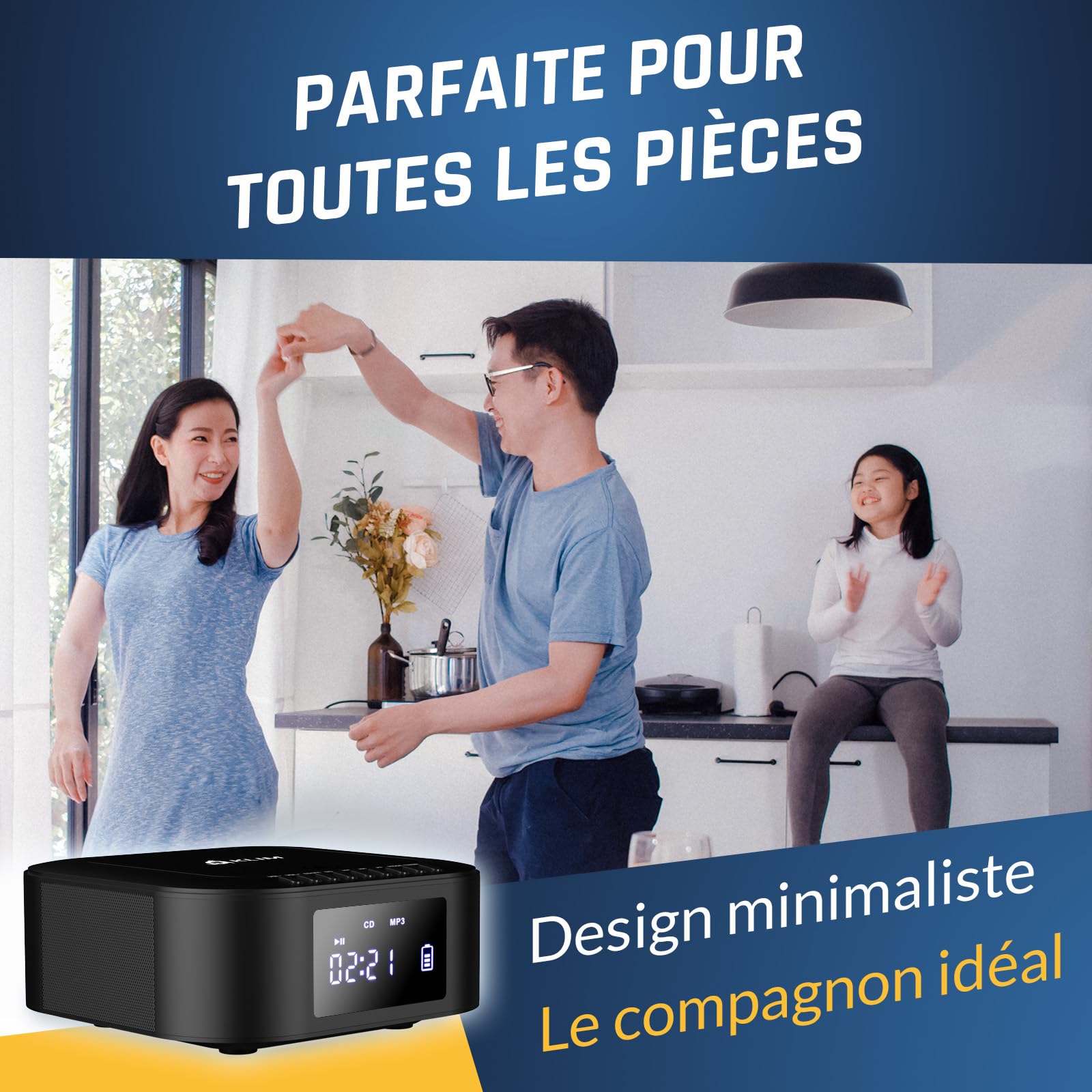 KLIM Boombox E1 - Poste Radio CD Portable - Extra Bass avec Subwoofer - Radio FM, CD, Bluetooth, USB, Bluetooth, MP3 - Mode Filaire et sans Fil avec Piles Rechargeables - Télécommande - Noir/Argent