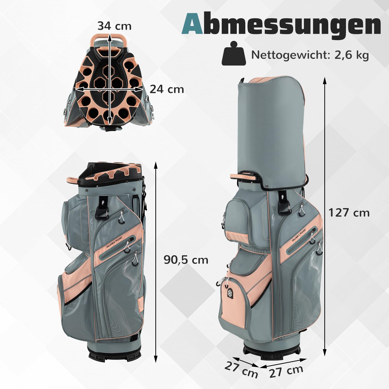 GYMAX Golftasche, tragbare Golf Cartbag mit 14 Fächern & 11 Taschen, Golfreisetasche mit Schultergurt & Schirmhalter, Standbag für Herren & Damen