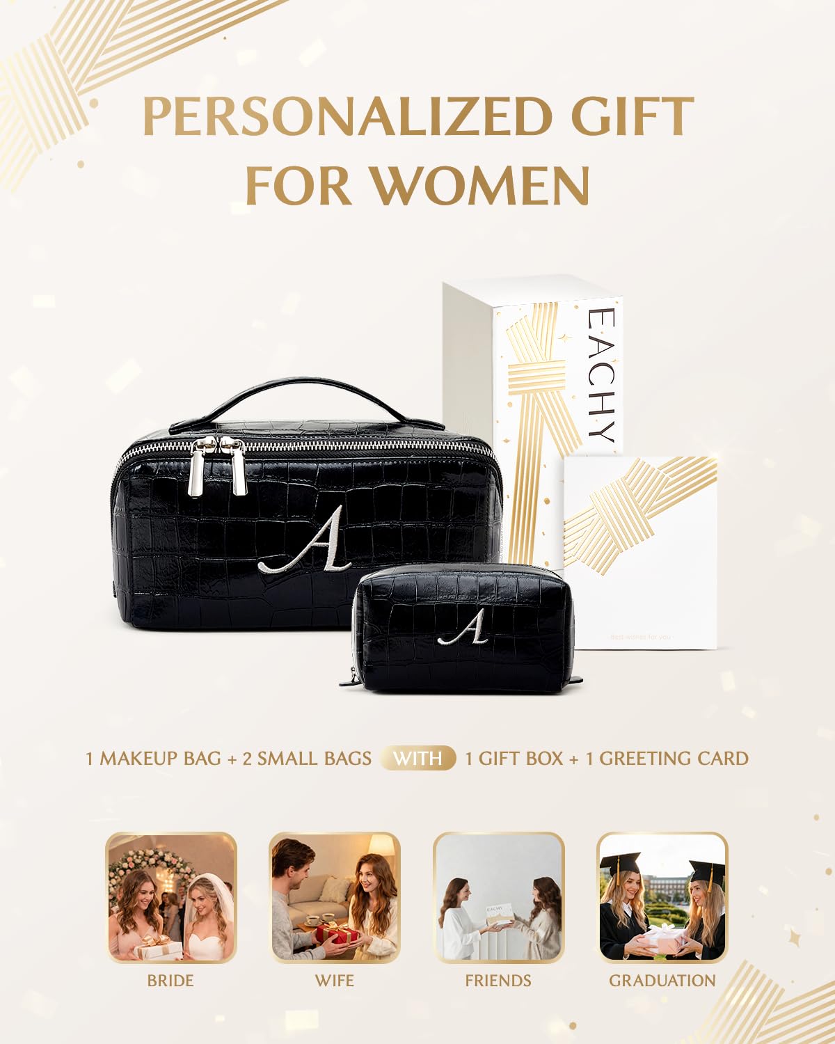 EACHY Borsa per il trucco con iniziale, per donne e ragazze, borsa organizer da viaggio piatta aperta con divisore e manico, borsa cosmetica personalizzata, borsa da toeletta, regalo per il rientro a