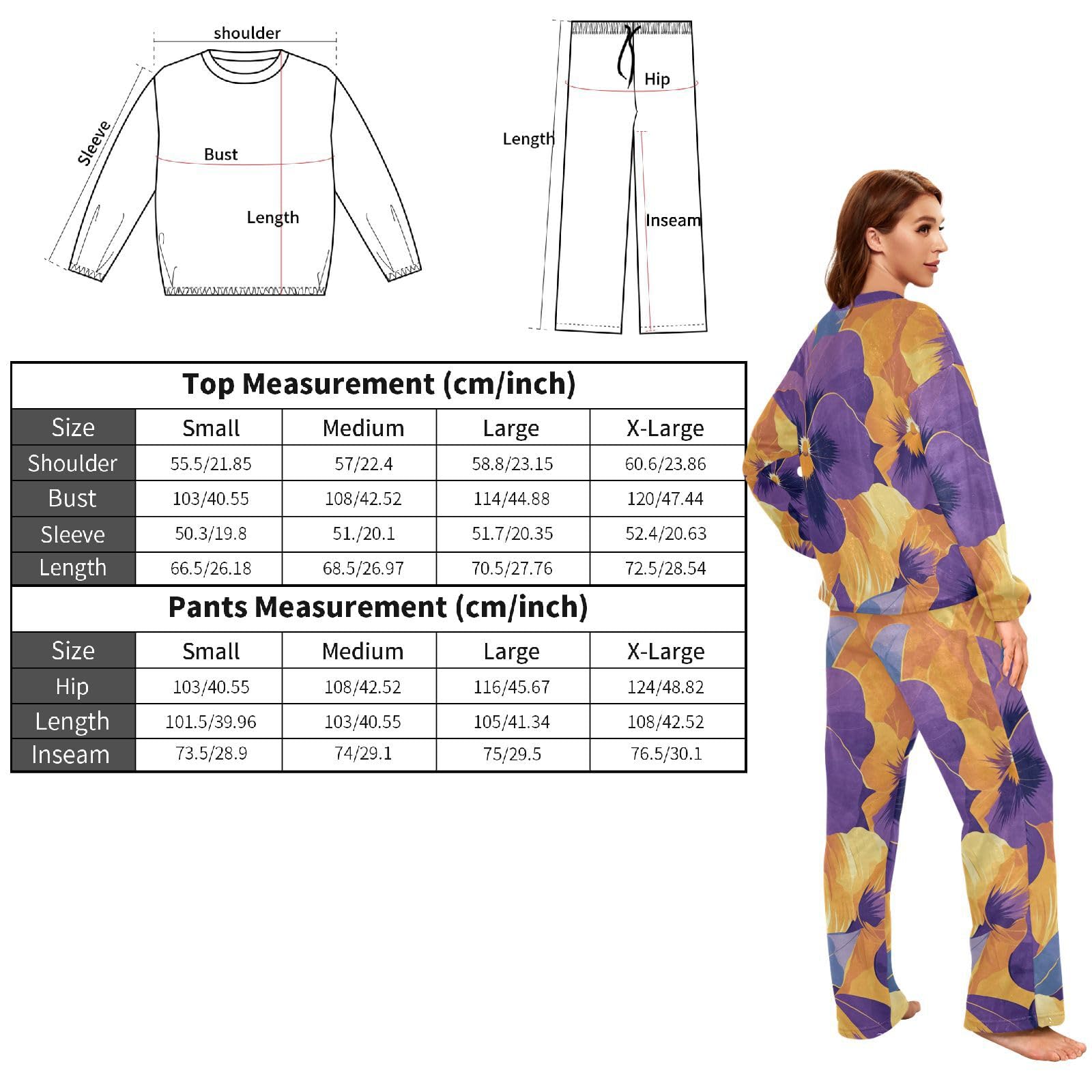 Set pigiama da donna in pile a due pezzi con fiori viola e arancione astratto, a maniche lunghe, con top e pantaloni