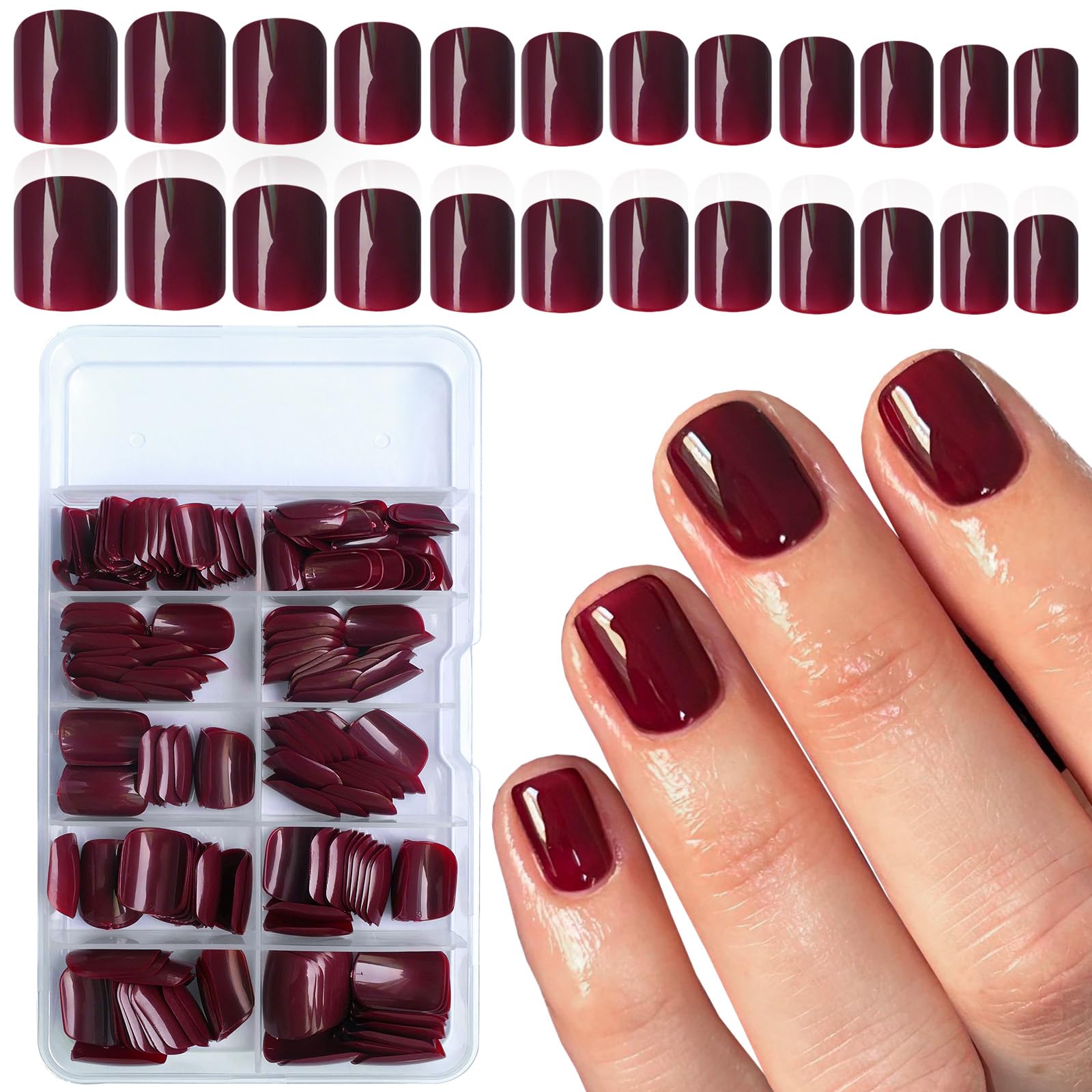 LuckForever Short Press on Nails 240pc Glossy Burgundy Press on Nails Short Square Round Fake Nails Full Cover 10 Sheets Nail Adhesive Tabs,Small