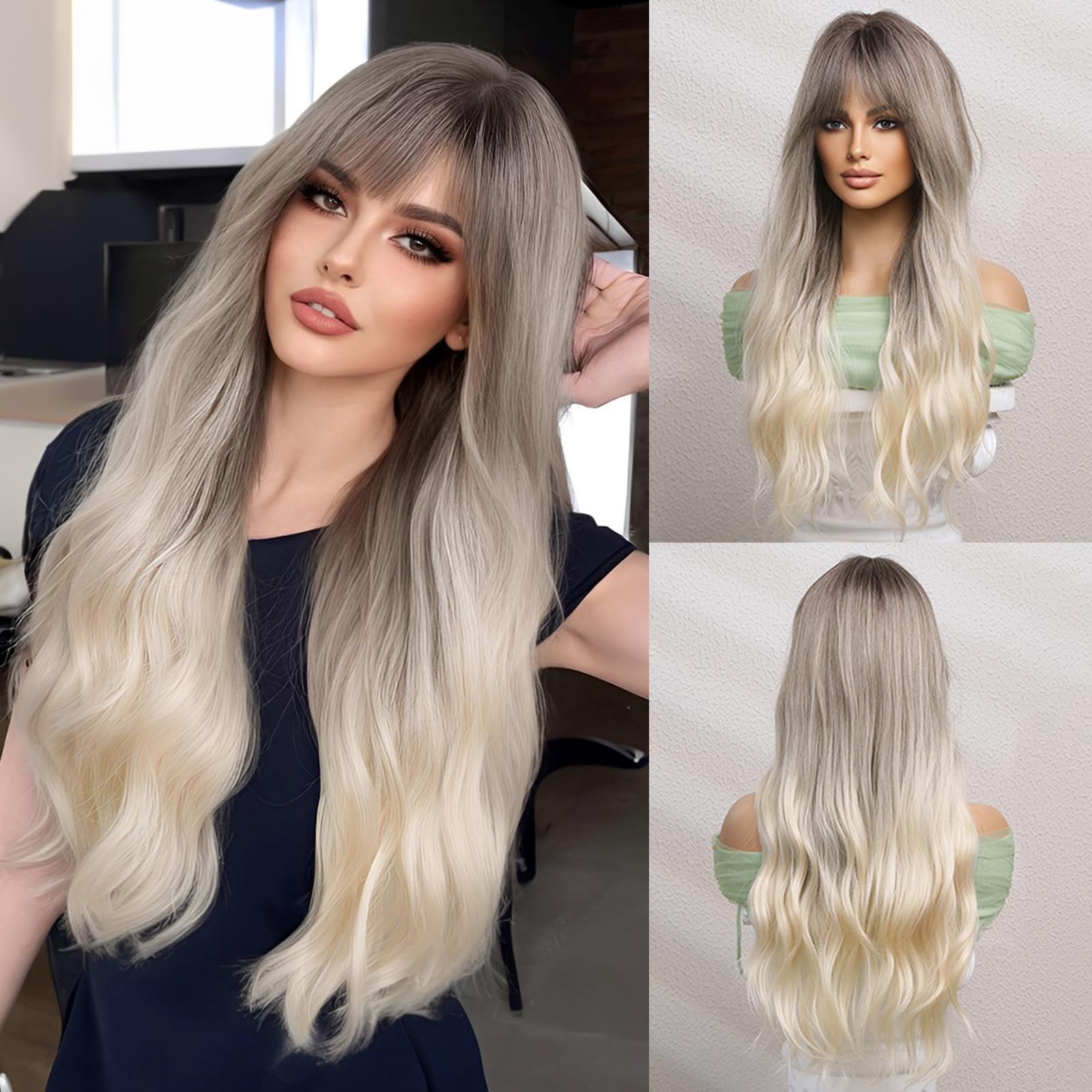 OMELPIS Ash Blonde Wig for Women Long Ombre Gray to Platinum Wavy Curly Synthetic Wigs with Bangs Natural Brown Roots Heat Resistant Fiber for Daily Dating Family Gathering Party 66cm Ash Blonde 66 cm